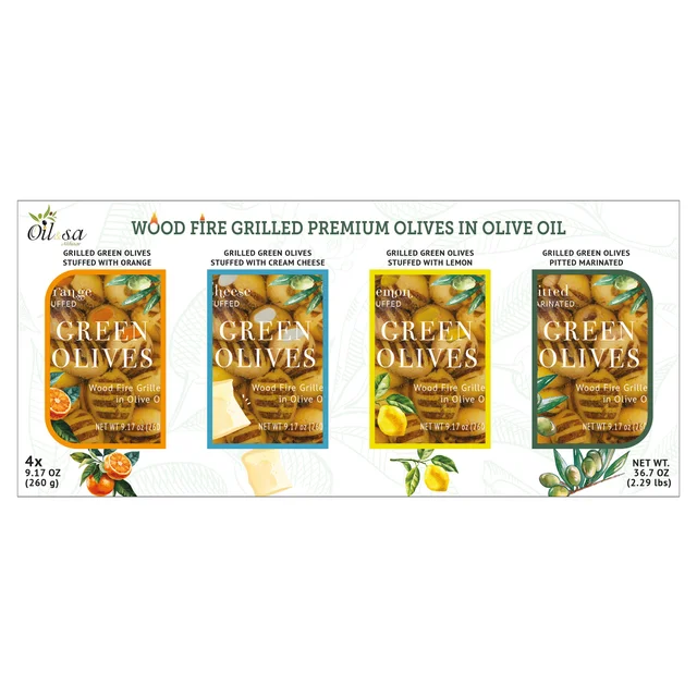WOOD FIRE GRILLED PREMIUM OLIVES IN OIL 4/9.2OZ (2.29LBS)