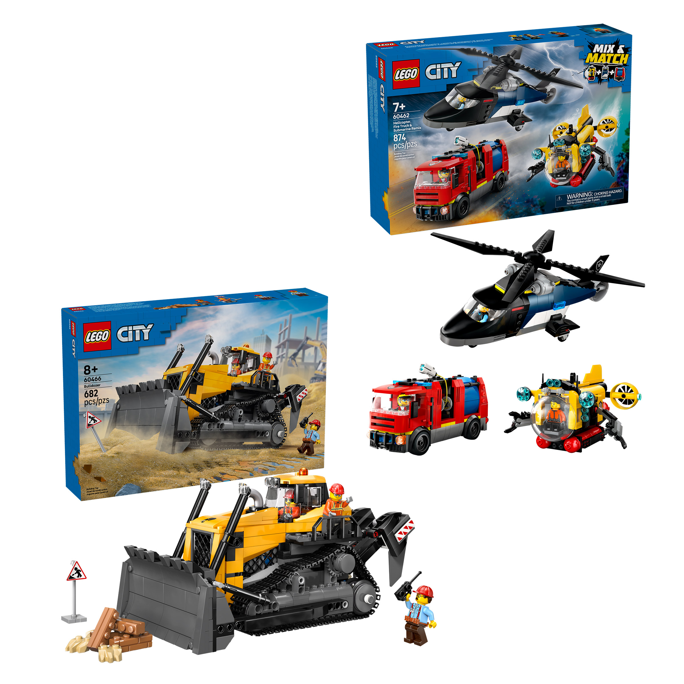 LEGO CITY Bulldozer and Helicopter, Fire Truck and Submarine Remix