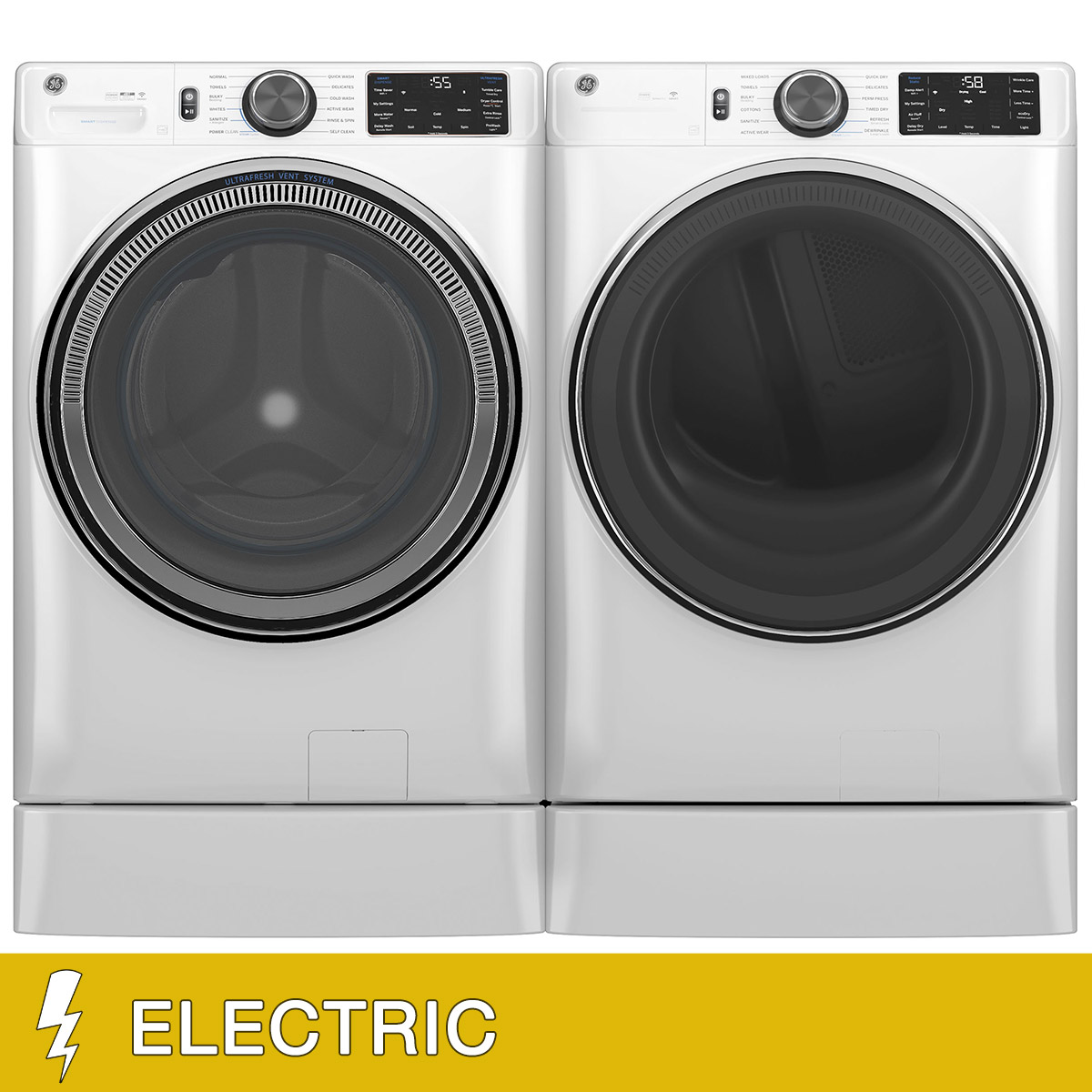 GE 5.0 cu. ft. Front Load Steam Washer with SmartDispense and 7.8 cu. ft. ELECTRIC Dryer with Steam and Sanitize Cycle Laundry Package with 7 Inch Risers