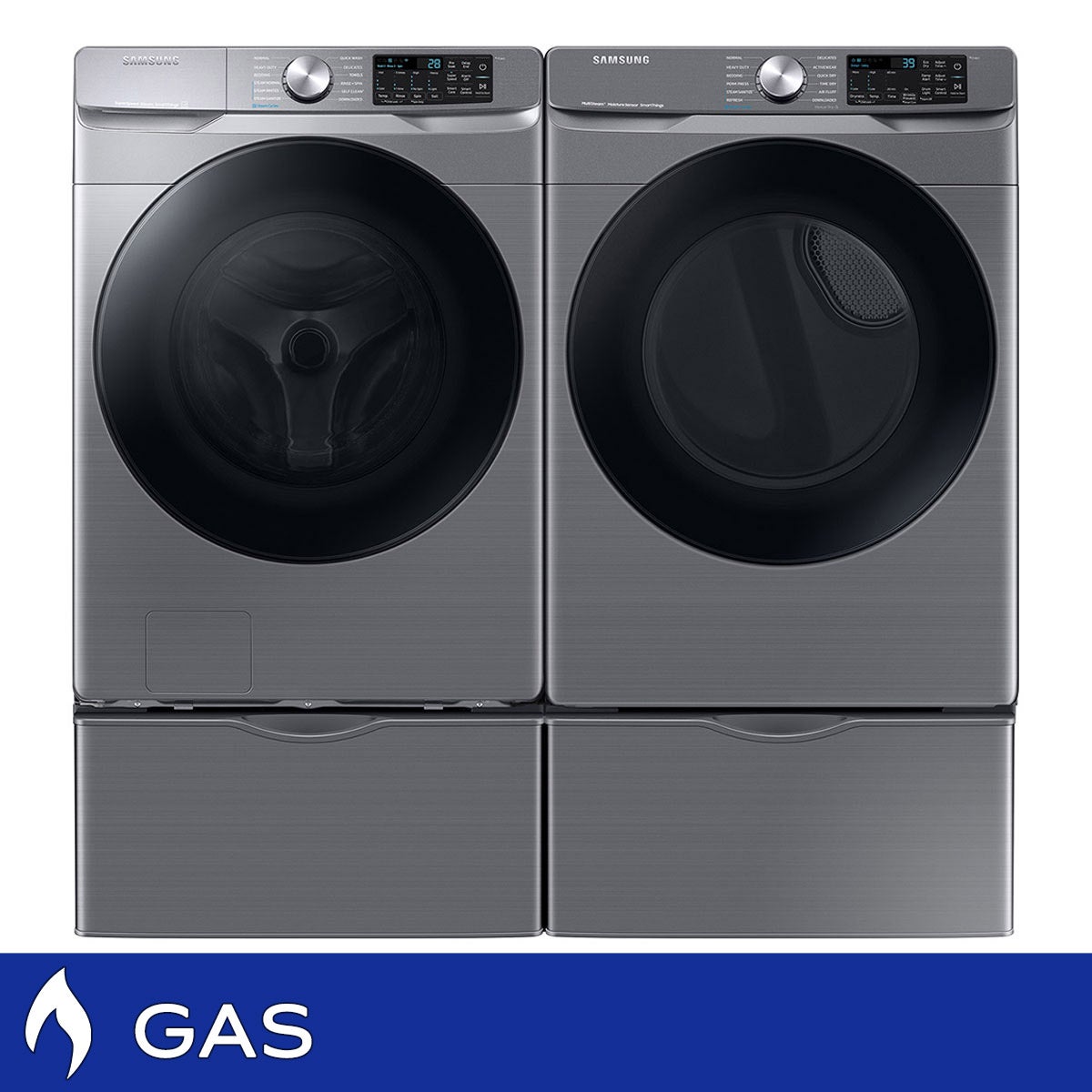 Samsung 4.5 cu. ft. Large Capacity Smart Front Load Washer with Super Speed Wash and 7.5 cu. ft. Smart GAS Dryer with Storage Pedestals