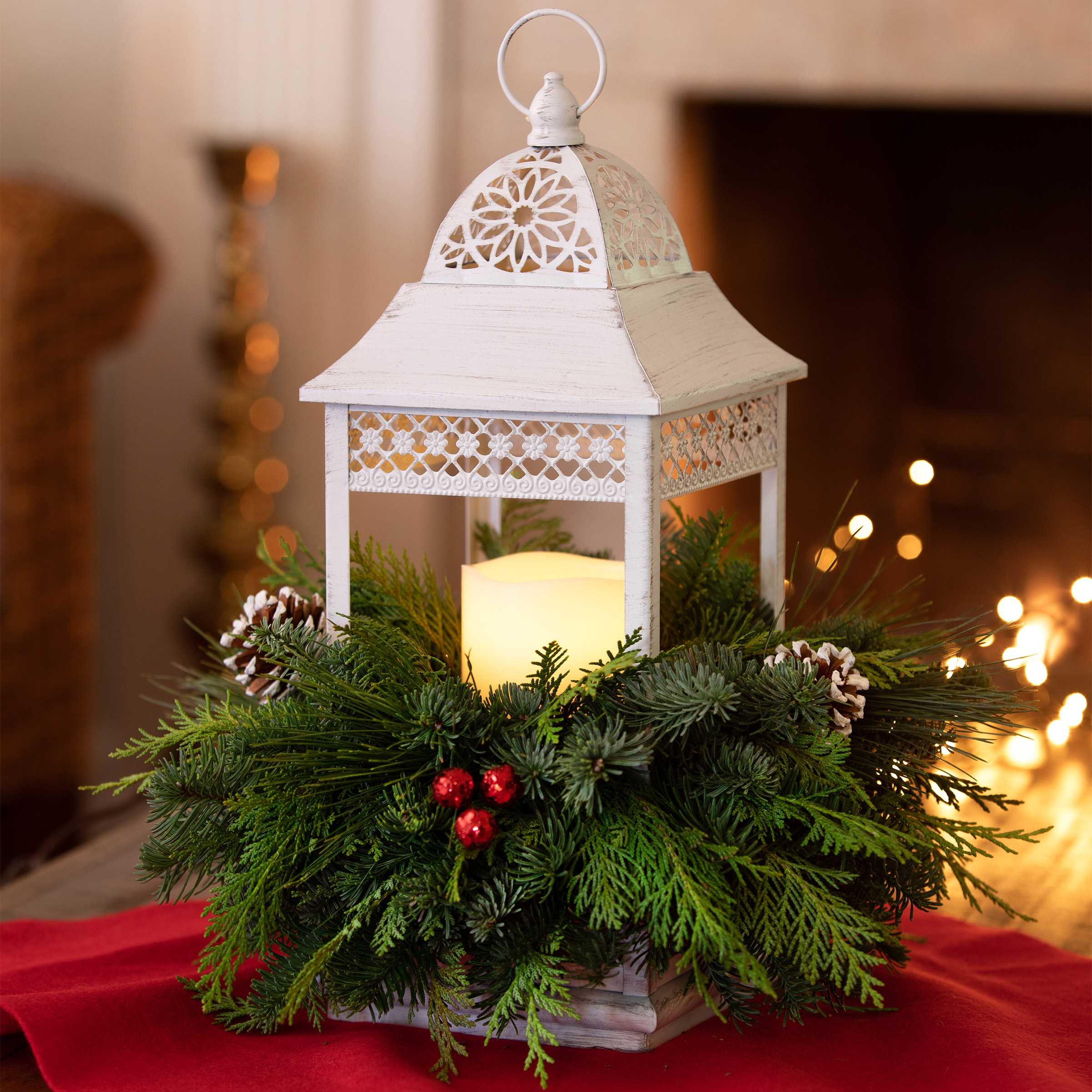 Candle Lantern Centerpiece with Fresh Greens