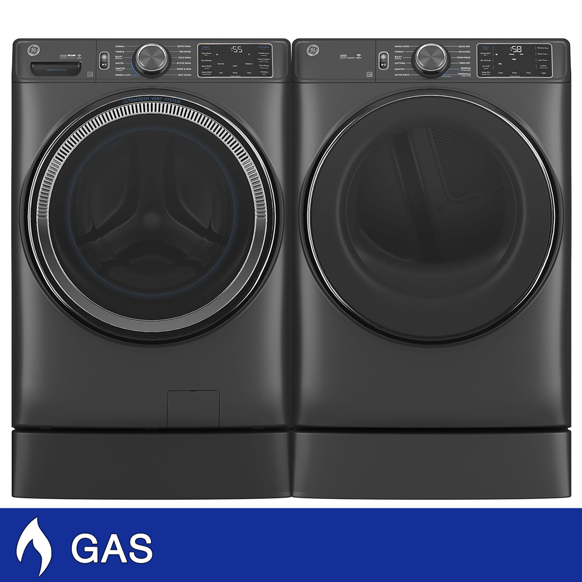 GE 5.0 cu. ft. Front Load Steam Washer with SmartDispense and 7.8 cu. ft. GAS Dryer with Steam and Sanitize Cycle Laundry Package with 7 Inch Risers