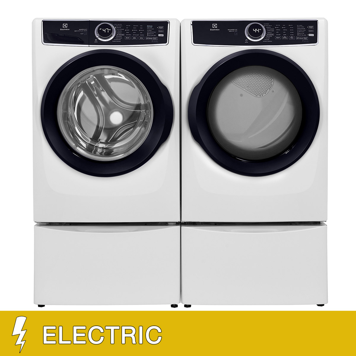 Electrolux Front Load 4.5 cu. ft. Washer With LuxCare Plus Wash and 8.0 cu. ft. ELECTRIC Dryer With Perfect Steam with Storage Pedestals