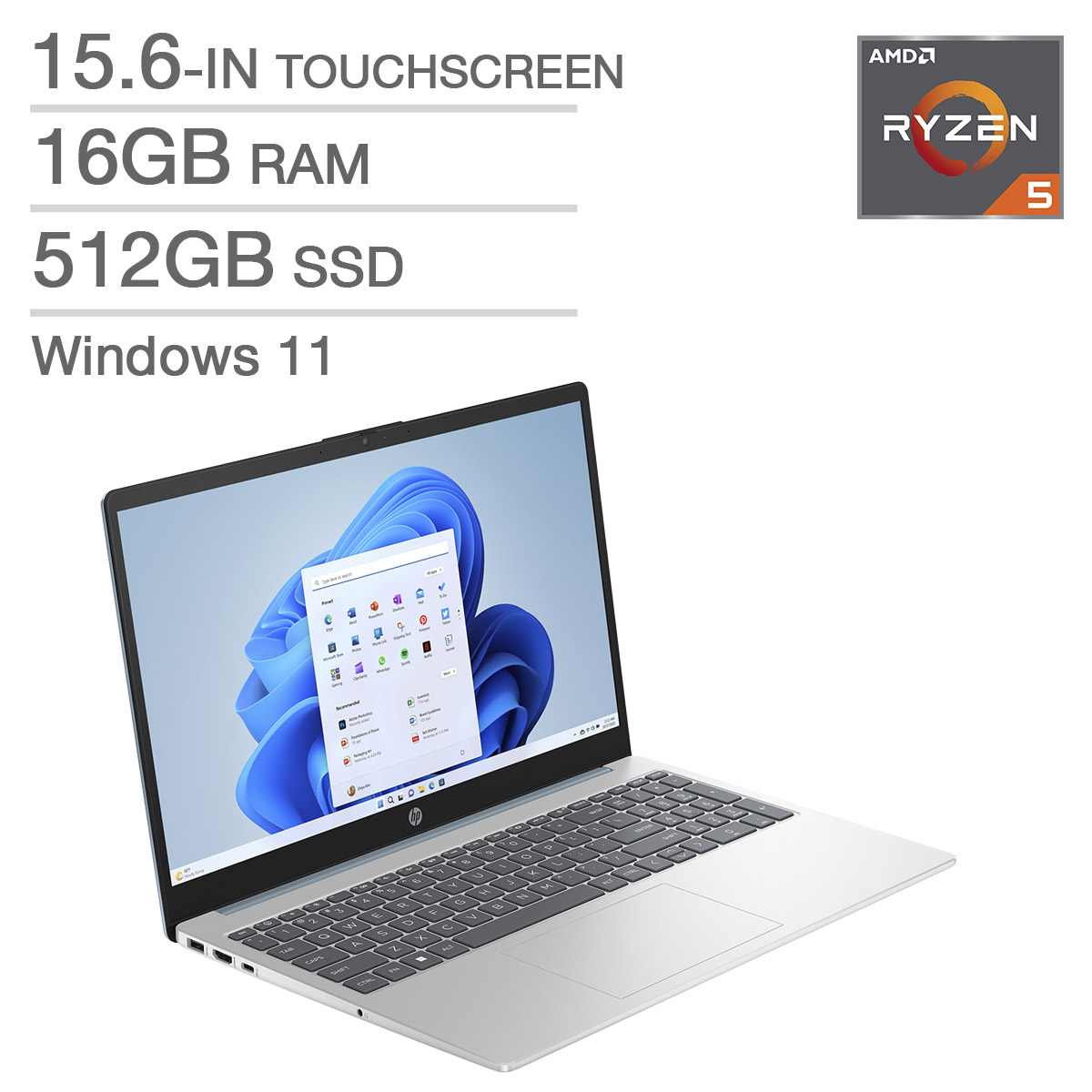 HP 15.6-in. Touchscreen Laptop, AMD Ryzen 5 7520U, 16 GB RAM, 512 GB SSD