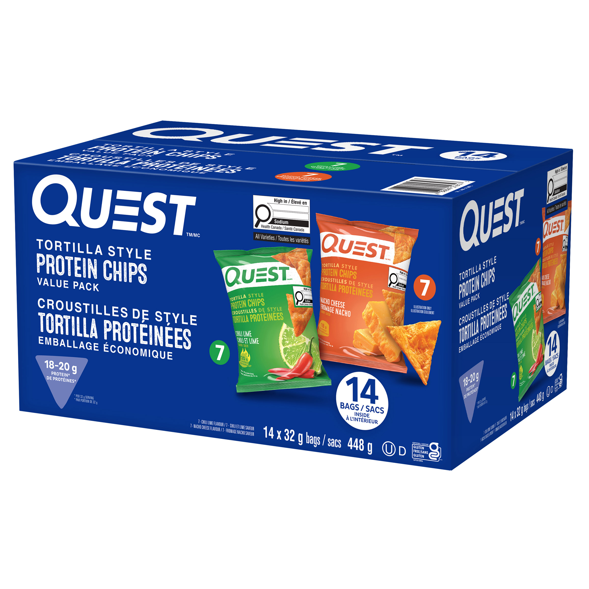 Quest Tortilla Style Protein Chips, Nacho Cheese & Chili Lime Flavours, 14 × 32 g