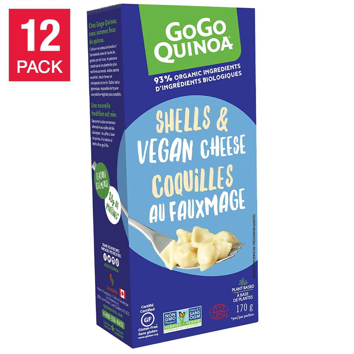 GoGo Quinoa Pasta Shells and Vegan Cheese, 12 x 170 g 