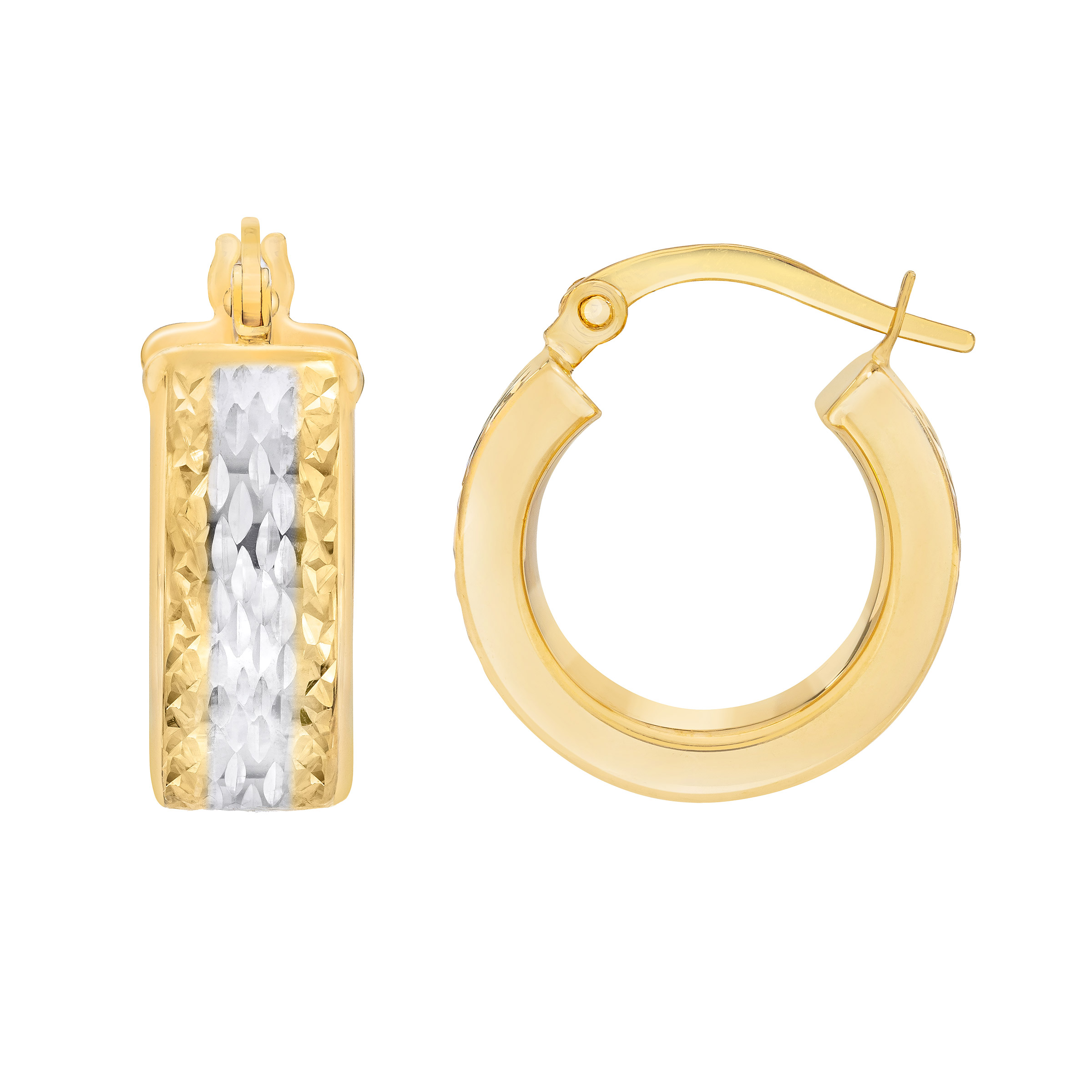 Diamond Cut Huggie Hoop Earrings in Two-Tone Gold