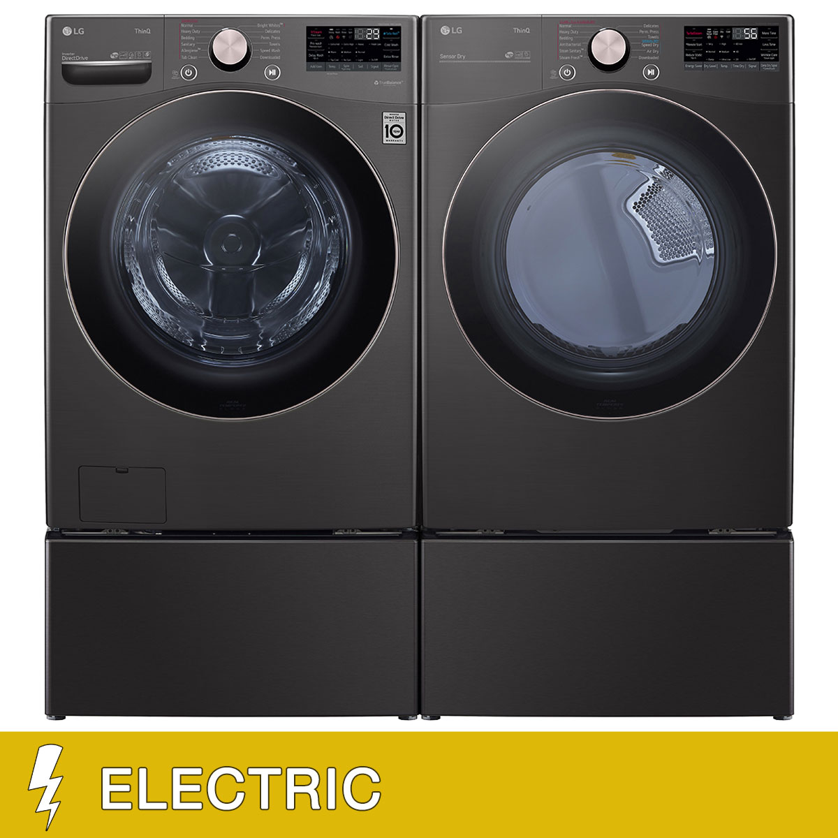 LG 4.5 cu. ft. Front Load Washer with TurboWash 360° and 7.4 cu. ft. ELECTRIC Dryer with TurboSteam and Built-In Intelligence with Washer and Storage Pedestal