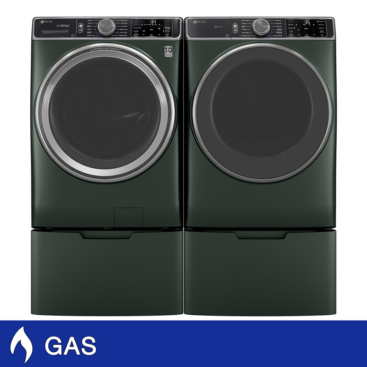GE Profile 5.5 cu. ft. Smart Front Load Washer with UltraFresh Vent System+ and  7.8 cu. ft. Smart GAS Front Load Dryer with Steam and Sanitize Cycle with Storage Pedestals
