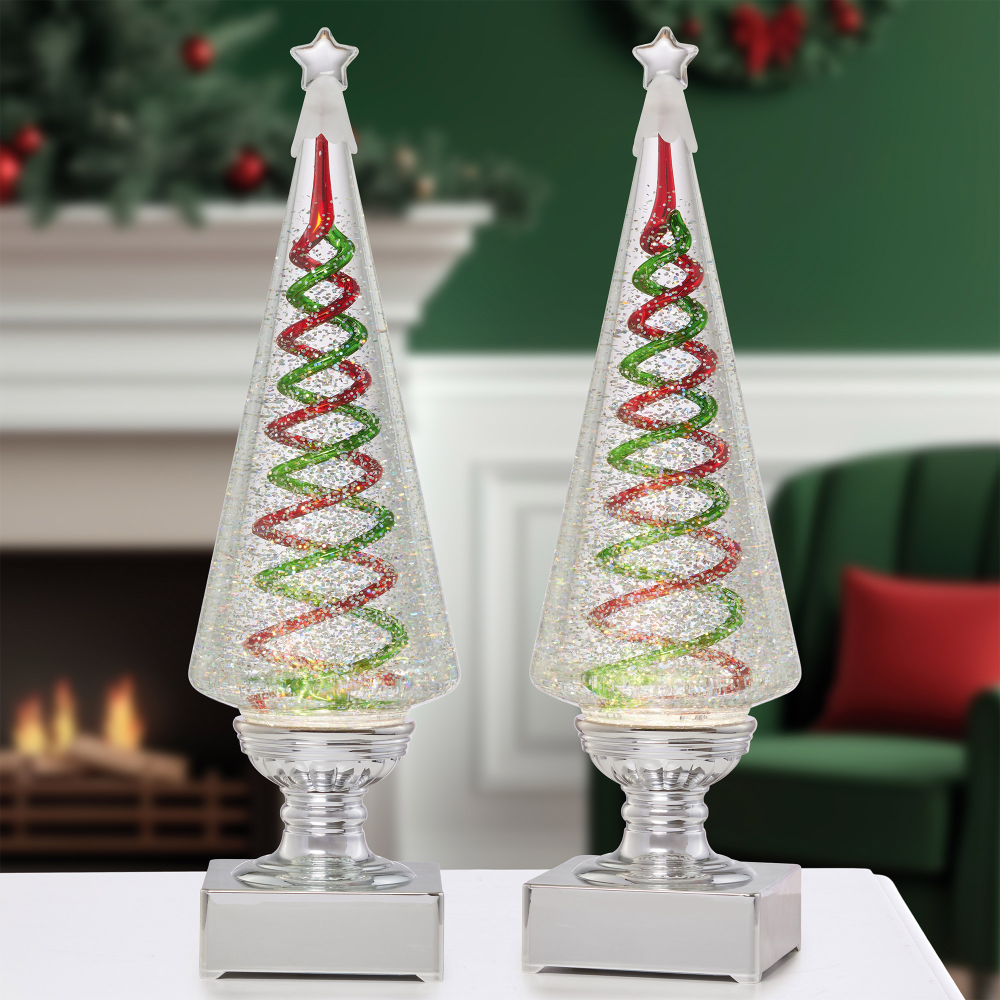 35.5 cm (14 in.) Set of 2 Spiral Christmas Trees - Red & Green