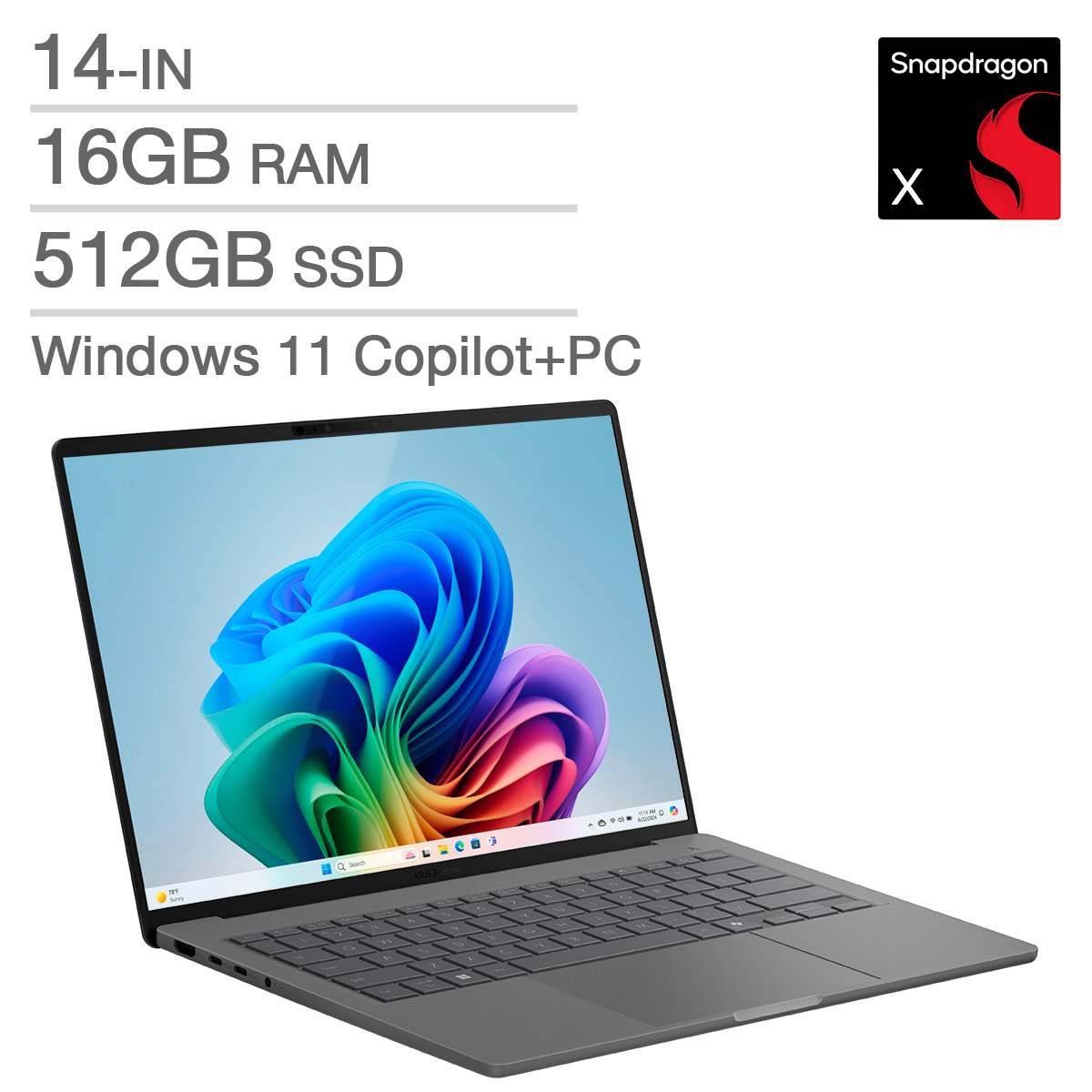 ASUS Zenbook A14 OLED Copilot+ PC 14-in Laptop, Qualcomm Snapdragon X X1-26-100 – 16GB RAM, 512GB SSD, Qualcomm Adreno