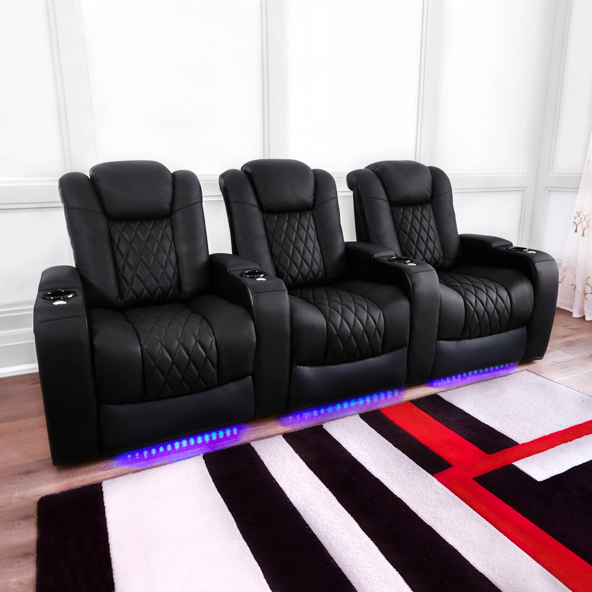 Pavillion II 3-piece Top Grain Leather Power Reclining Home Theatre Seating, Black