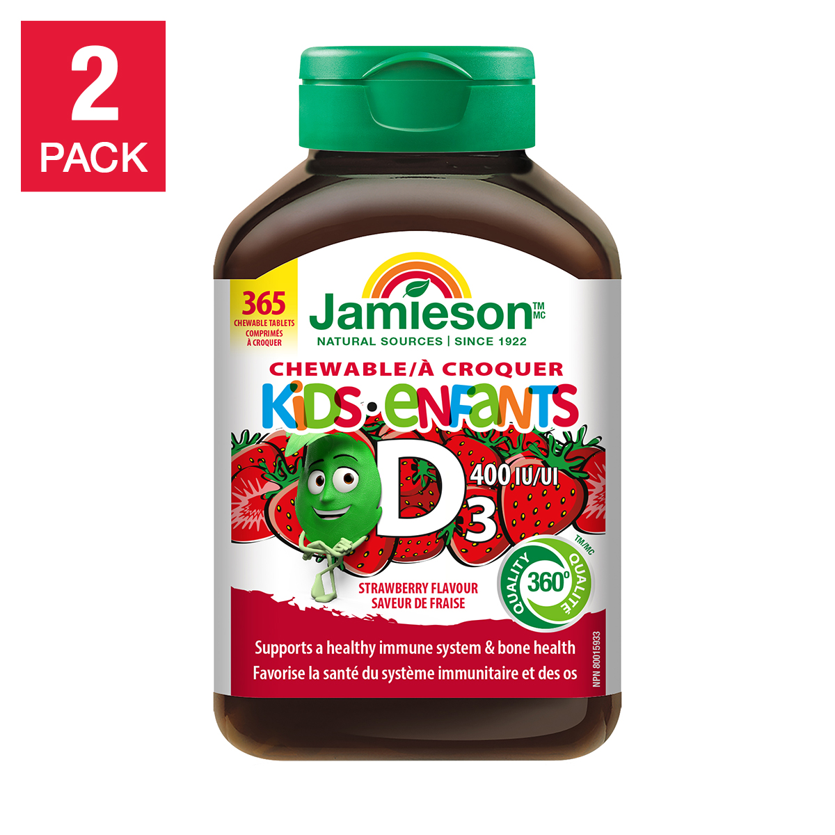 Jamieson Kids Chewable Vitamin D3 400 IU, 2 x 365 Tablets