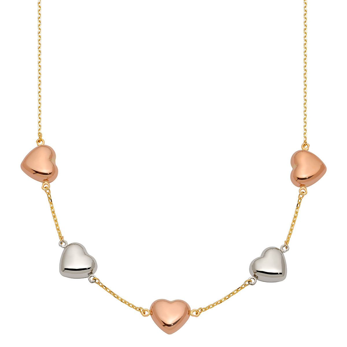High Polish Hearts Necklace in Tri-colour Gold
