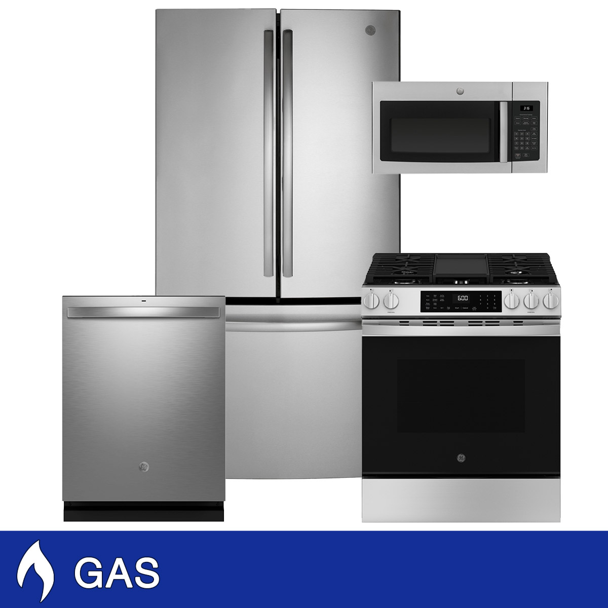 GE 4-Piece GAS Kitchen Package with 27 cu. ft. French Door Refrigerator