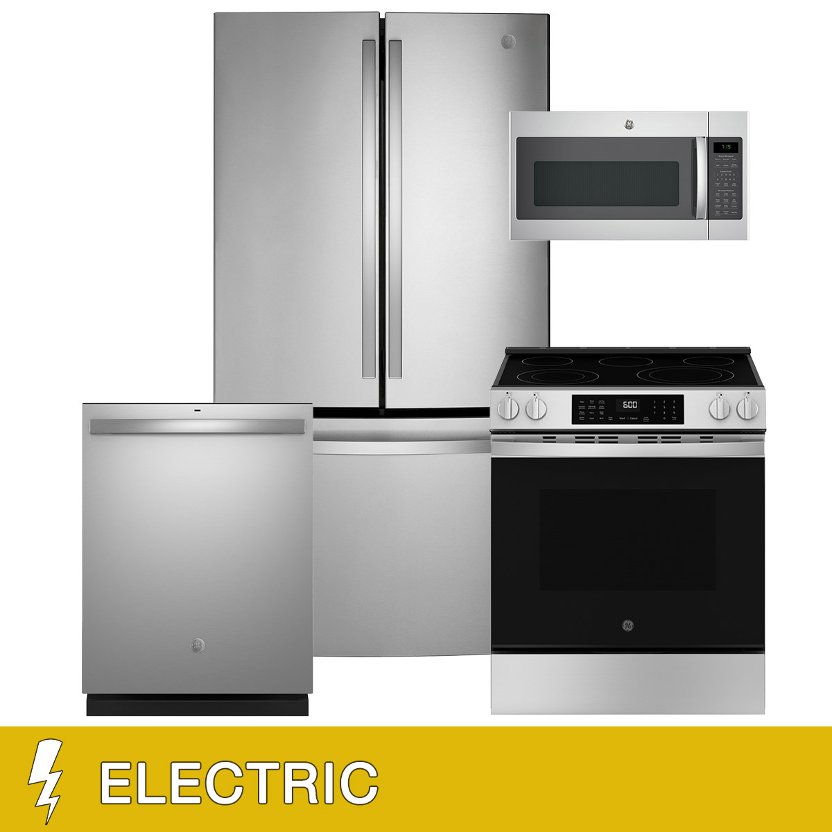 GE 4-Piece ELECTRIC Kitchen Package with 21.9 cu. ft. Counter-Depth French Door Refrigerator