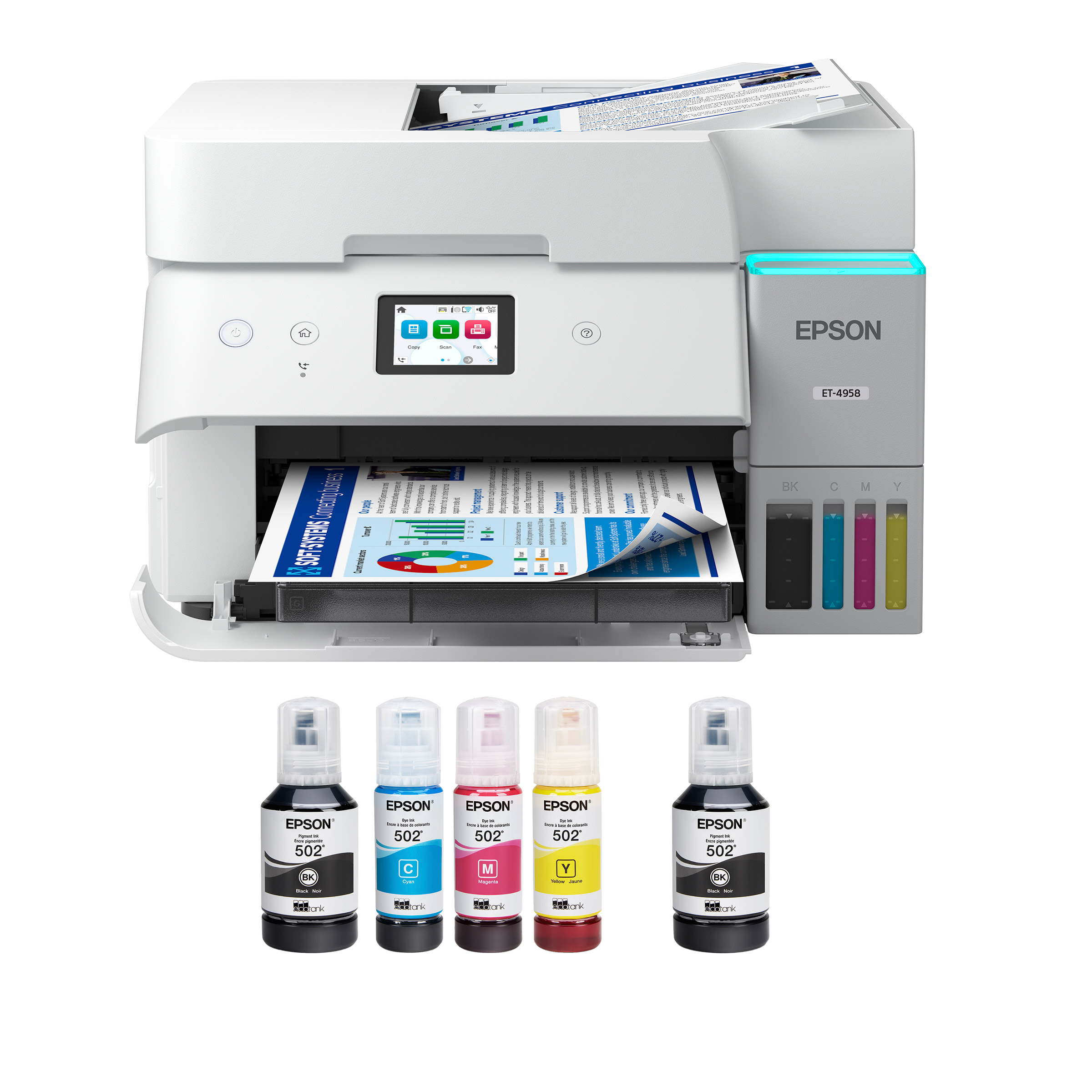 EcoTank ET-4958 White Wireless All-in-One Colour Supertank Printer with Bonus Black Ink Bottle