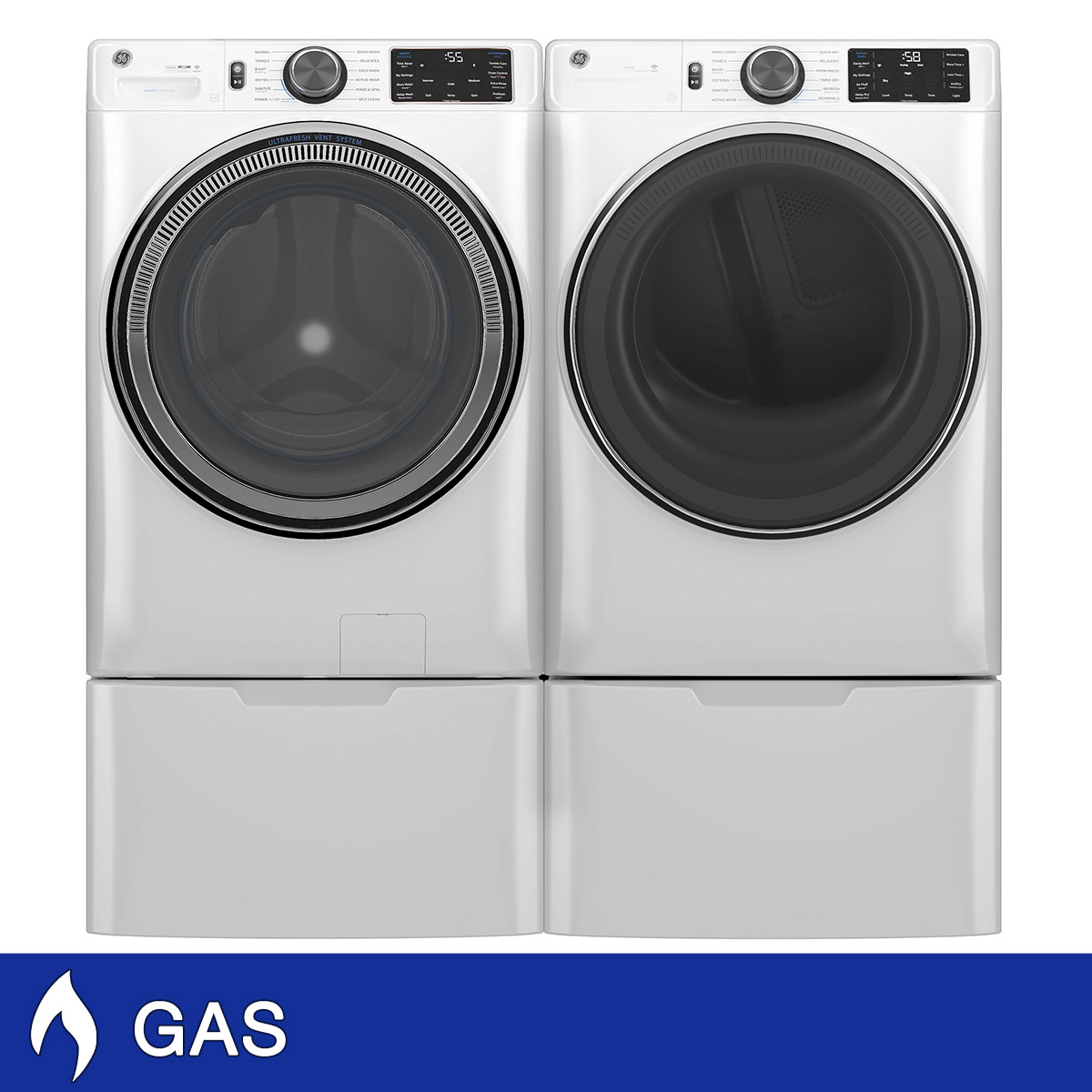 GE 5.0 cu. ft. Front Load Steam Washer with SmartDispense and 7.8 cu. ft. GAS Dryer with Steam and Sanitize Cycle Laundry Package with Storage Pedestals