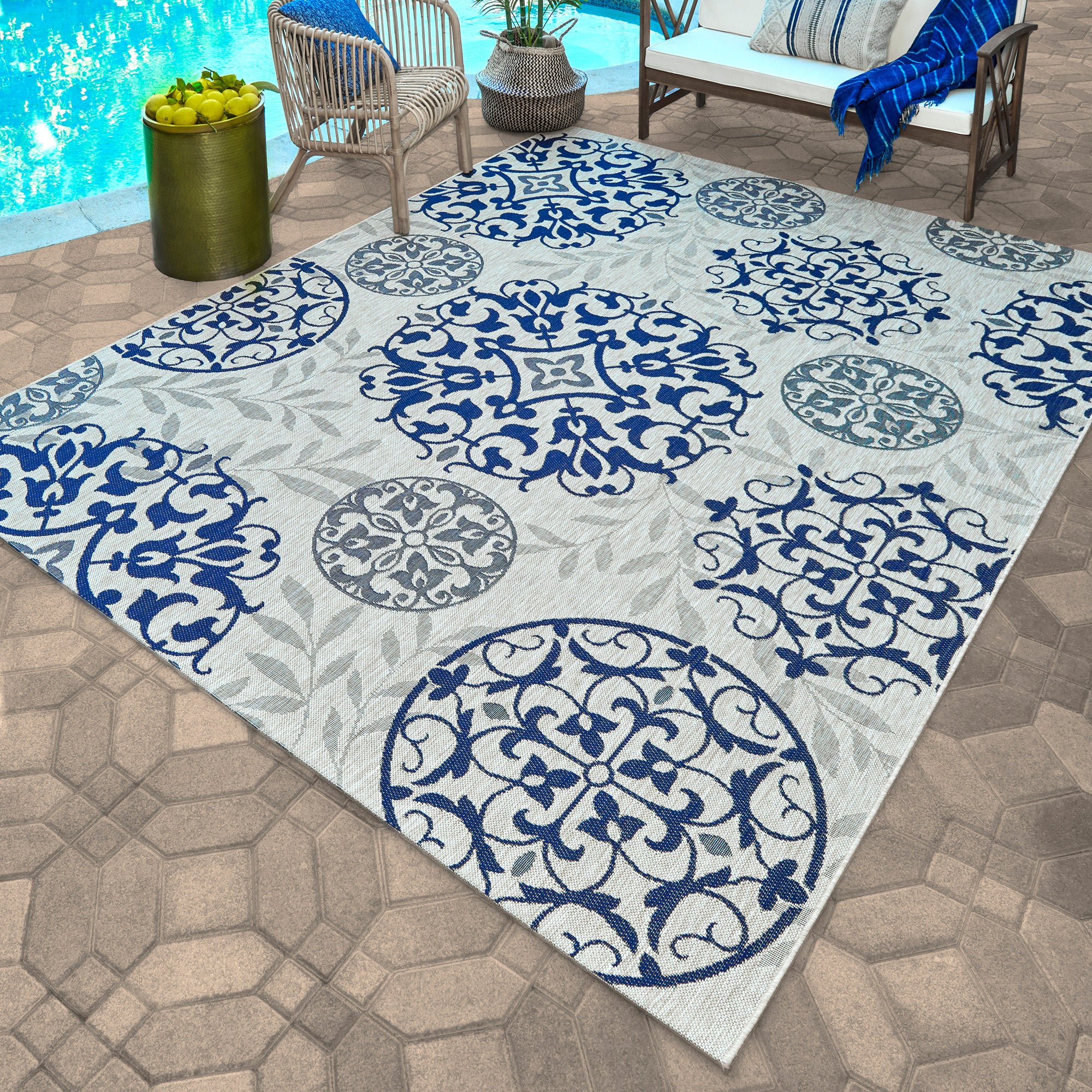MARK & LONA 青白グラデーション　サイズ50 Naples Indoor/Outdoor Rug Collection, Emporia Leaves | Costco