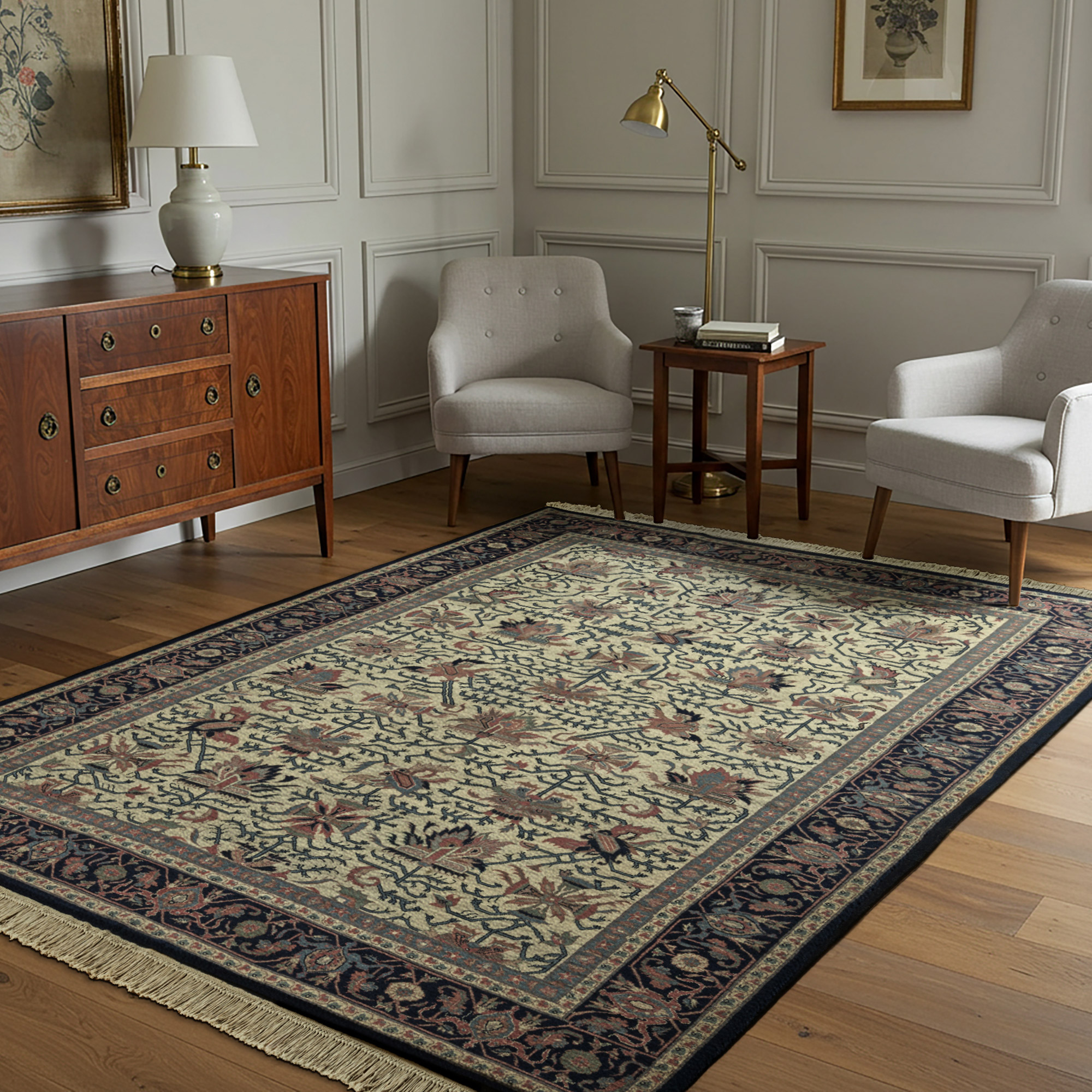 Montacute Handknotted Rug Collection  Bijar Ivory Navy