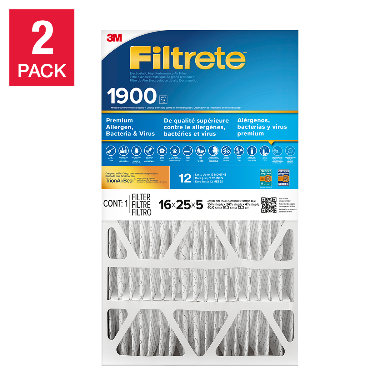 3M Filtrete MPR 1900, 5 in. Premium Deep Pleat Furnace Filters, 2-pack