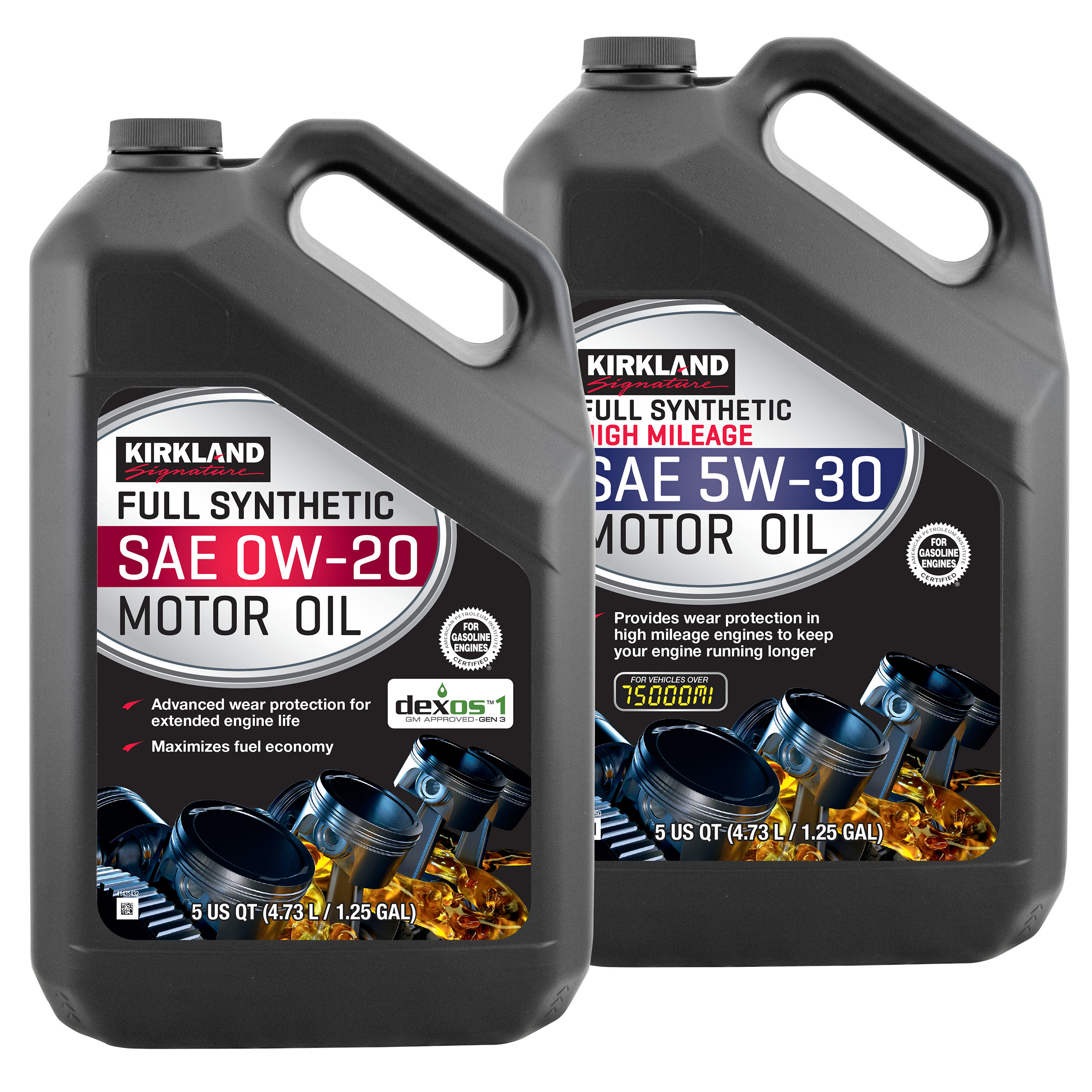 Kirkland Signature 0W-20 Full Synthetic and 5W-30 High Mileage Full Synthetic Motor Oil 5-Quart  4-Pack