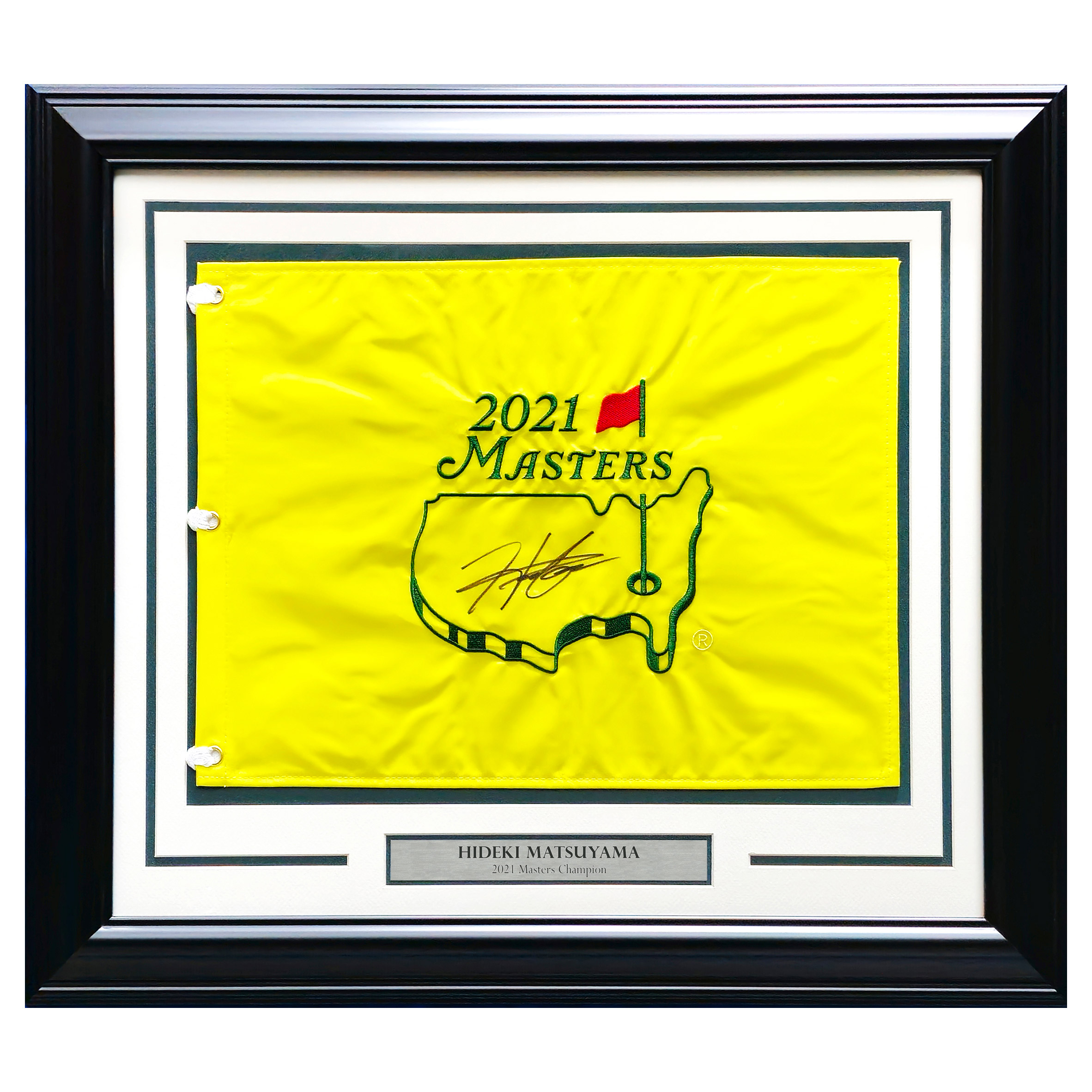 Hideki Matsuyama Autographed Framed Yellow 2021 Masters Golf Pin Flag - Beckett Authenticated