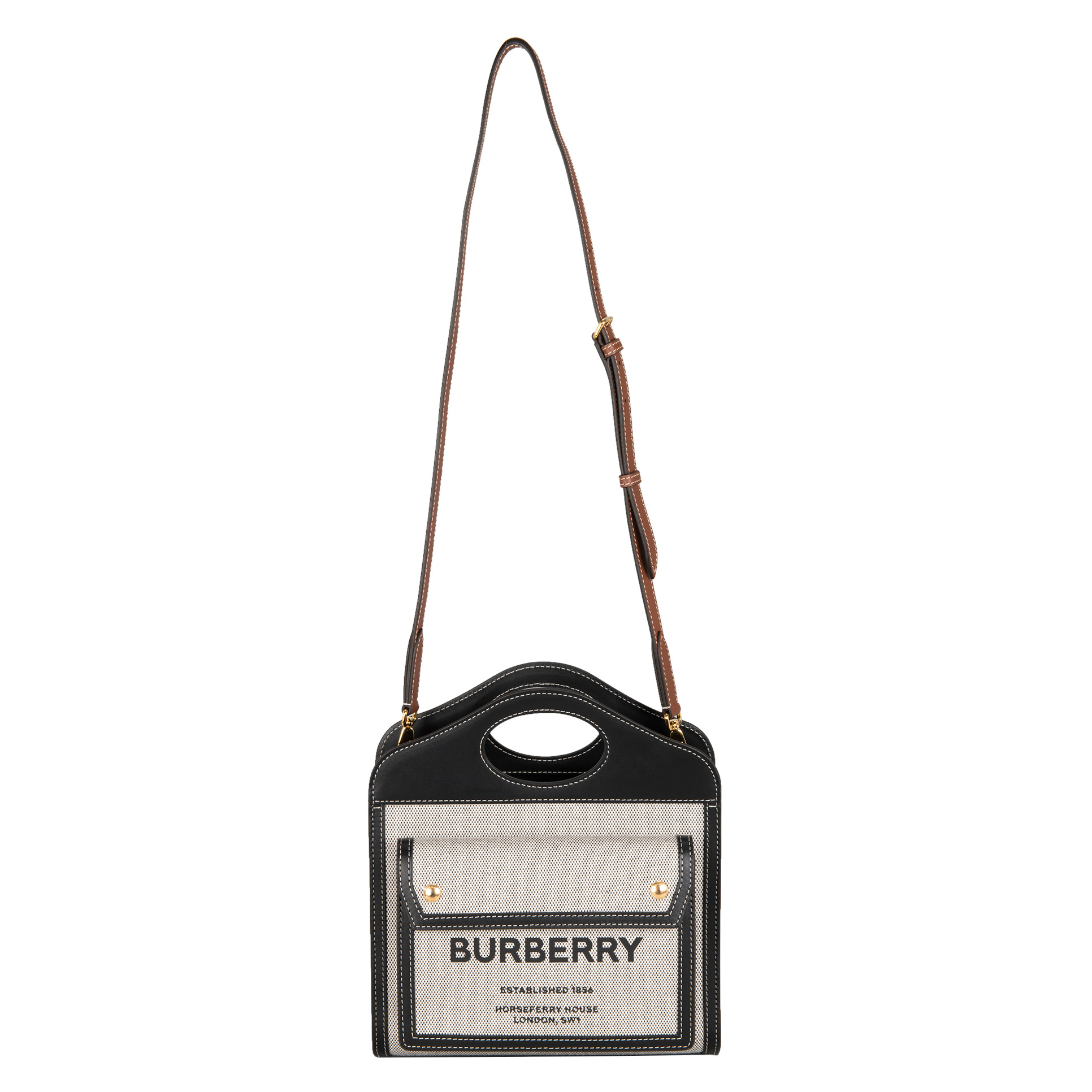 Burberry Mini Tri Tone Pocket Tote Bag, Black/Tan/Natural