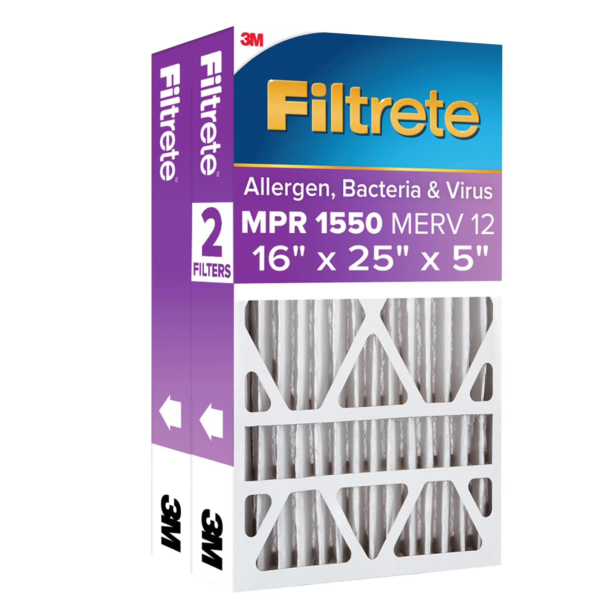 Filtrete Air Filter 5”, MPR 1550 MERV 12, Ultra Allergen, Bacteria, and Virus Deep Pleat Filter, 2-pack