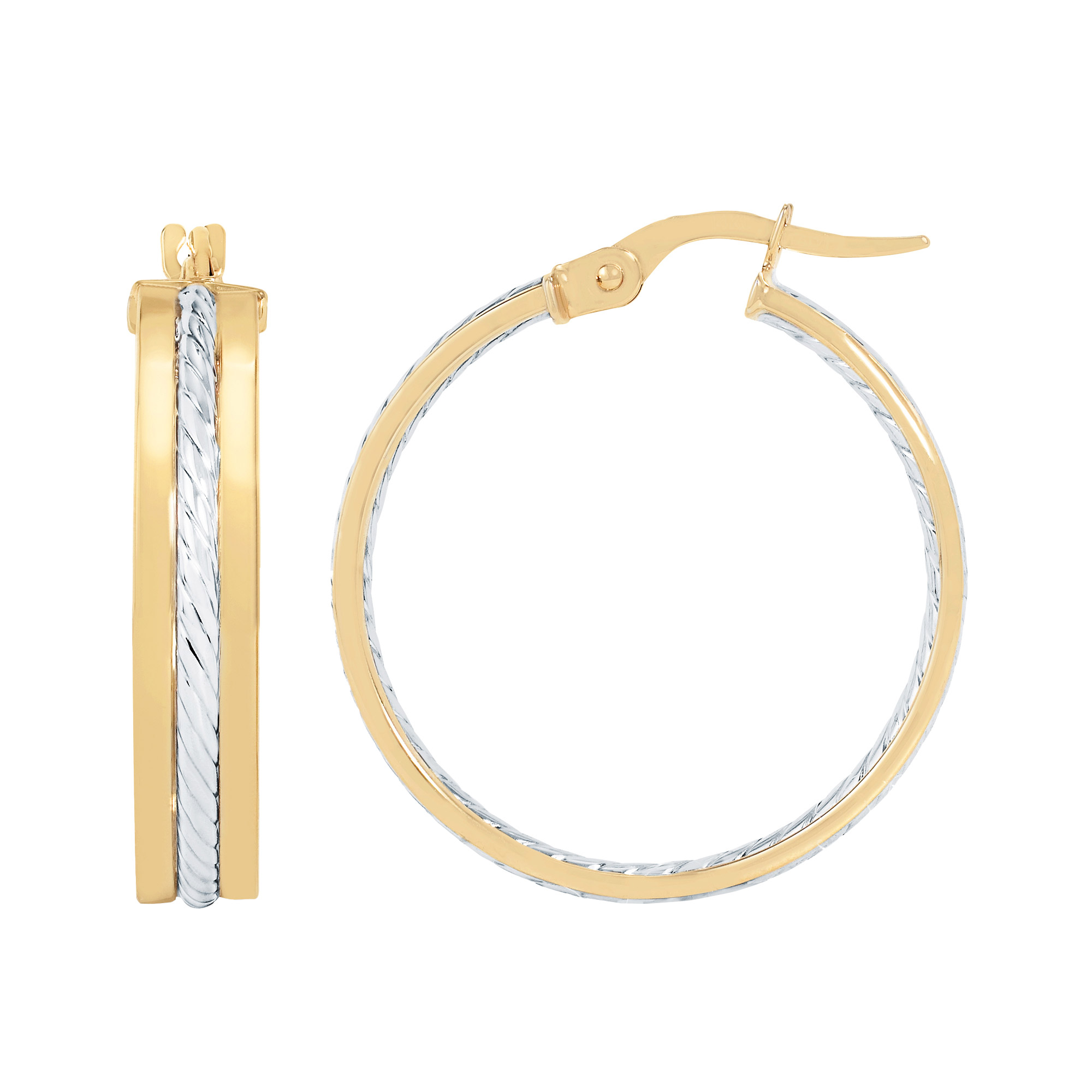 High Polish and Diamond Cut Rope Design Center Hoop Earrings in Two-tone Gold