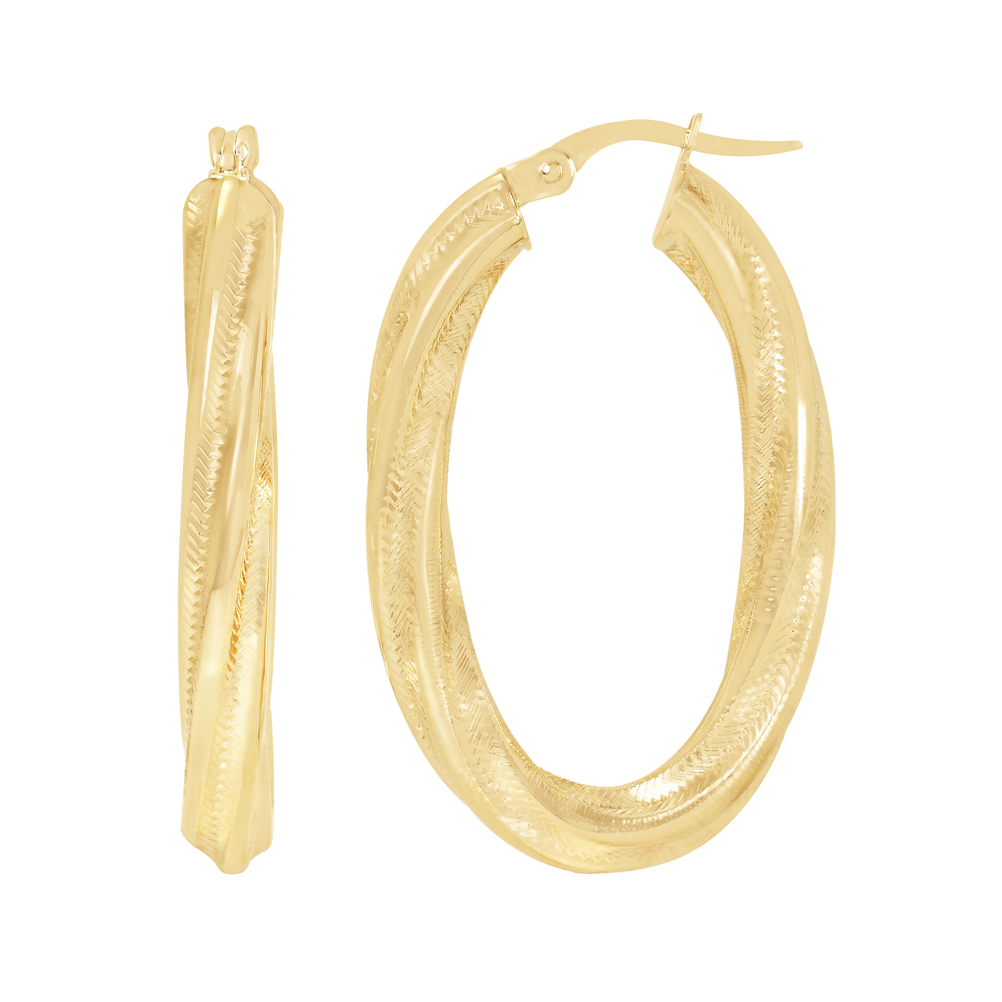 High Polish Twisted Oval Hoop Earrings in Yellow Gold