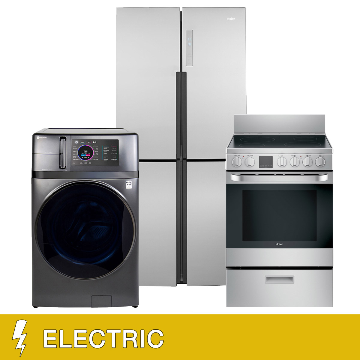 GE 3-piece ELECTRIC Compact Living Package with Haier Refrigerator