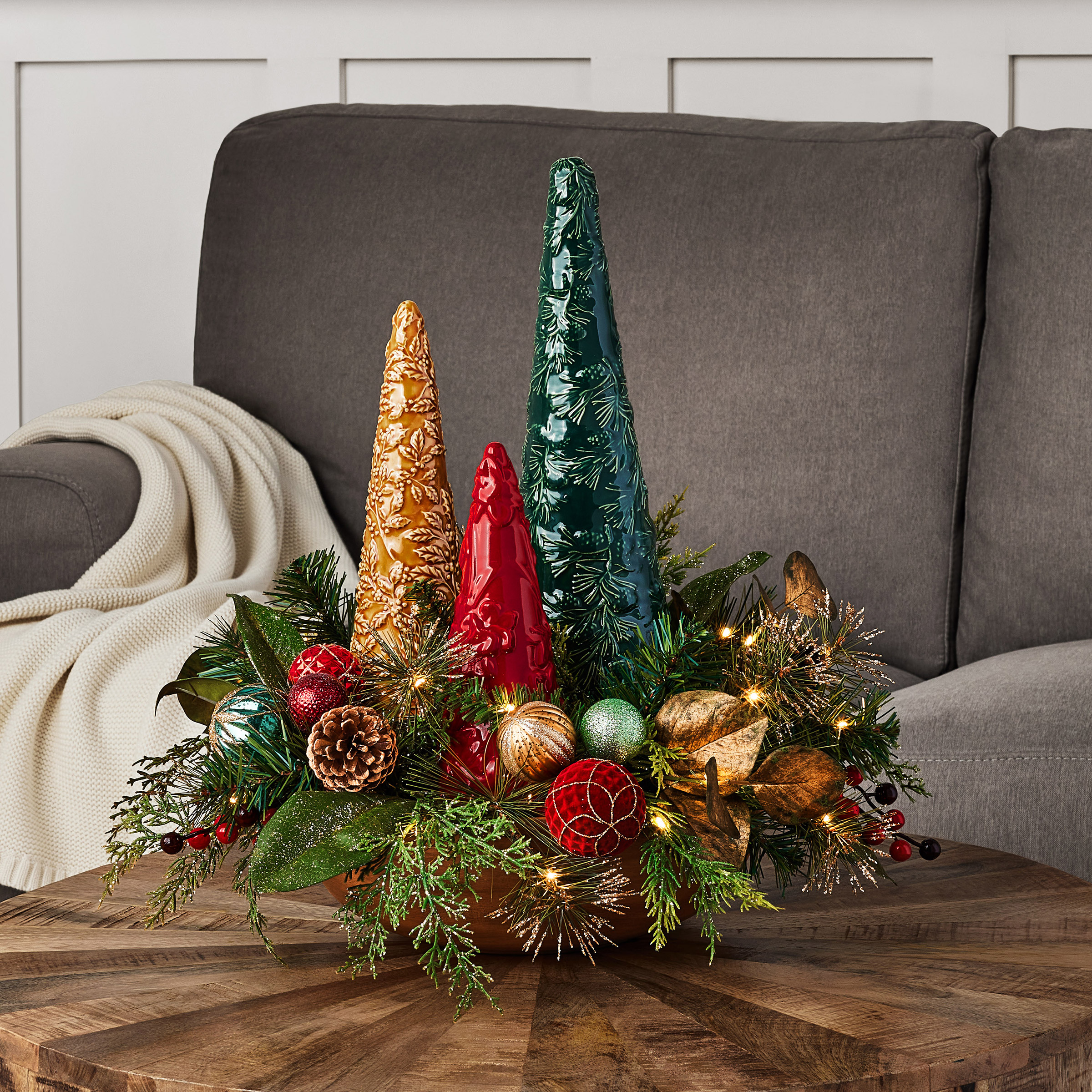 Holiday Centerpiece with LED lights (red/gold/green)