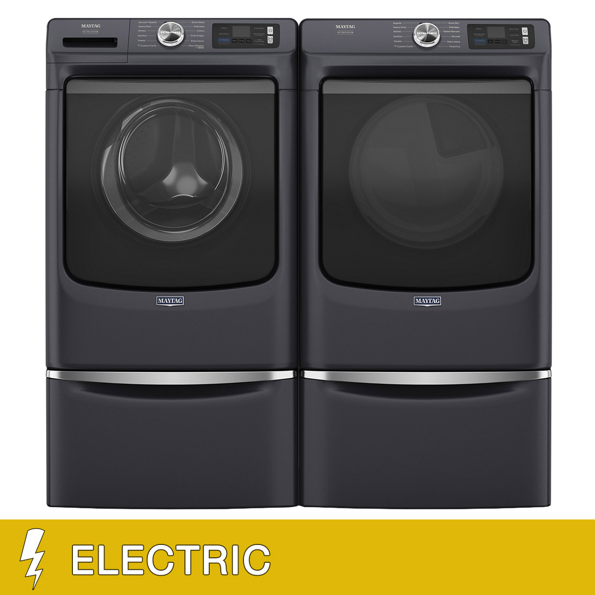 Maytag Smart Pet Pro 5.0 cu. ft. Front Load Washer and 7.4 cu. ft. ELECTRIC Dryer with Storage Pedestals