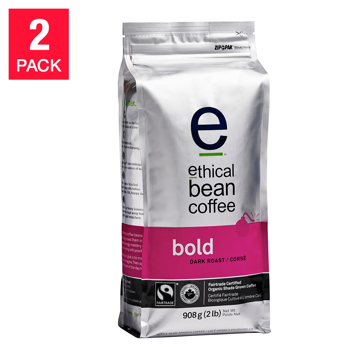 Ethical Bean Coffee Bold Dark Roast Whole Bean Coffee, 2 x 908 g