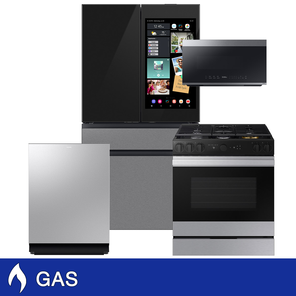 Samsung 4-piece GAS Kitchen Package with Bespoke 4-Door French Door Refrigerator with Family Hub+