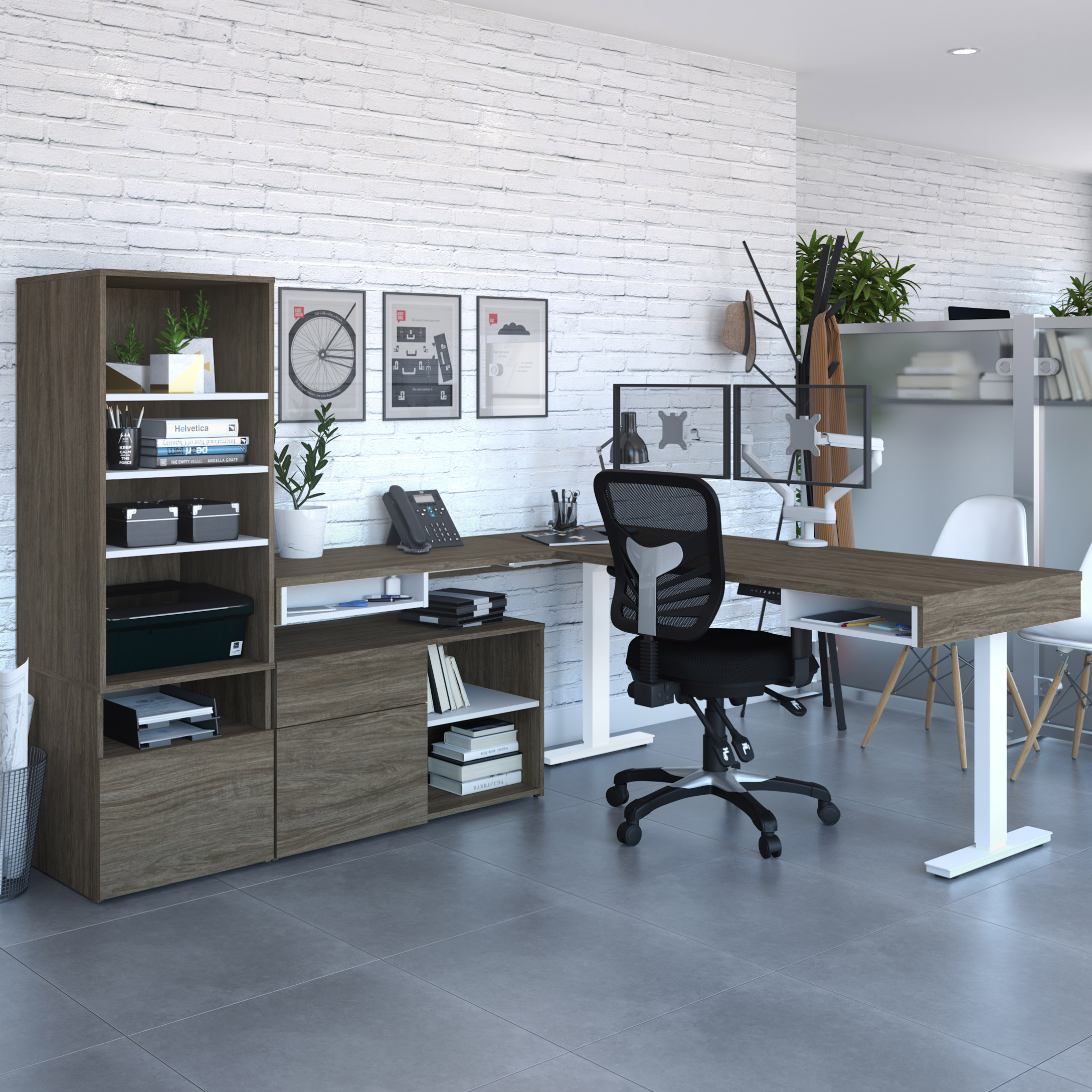 Viva L-Shape Height Sit and Stand Adjustable Workstation with an Adjustable Dual Monitor Arm with Storage tower