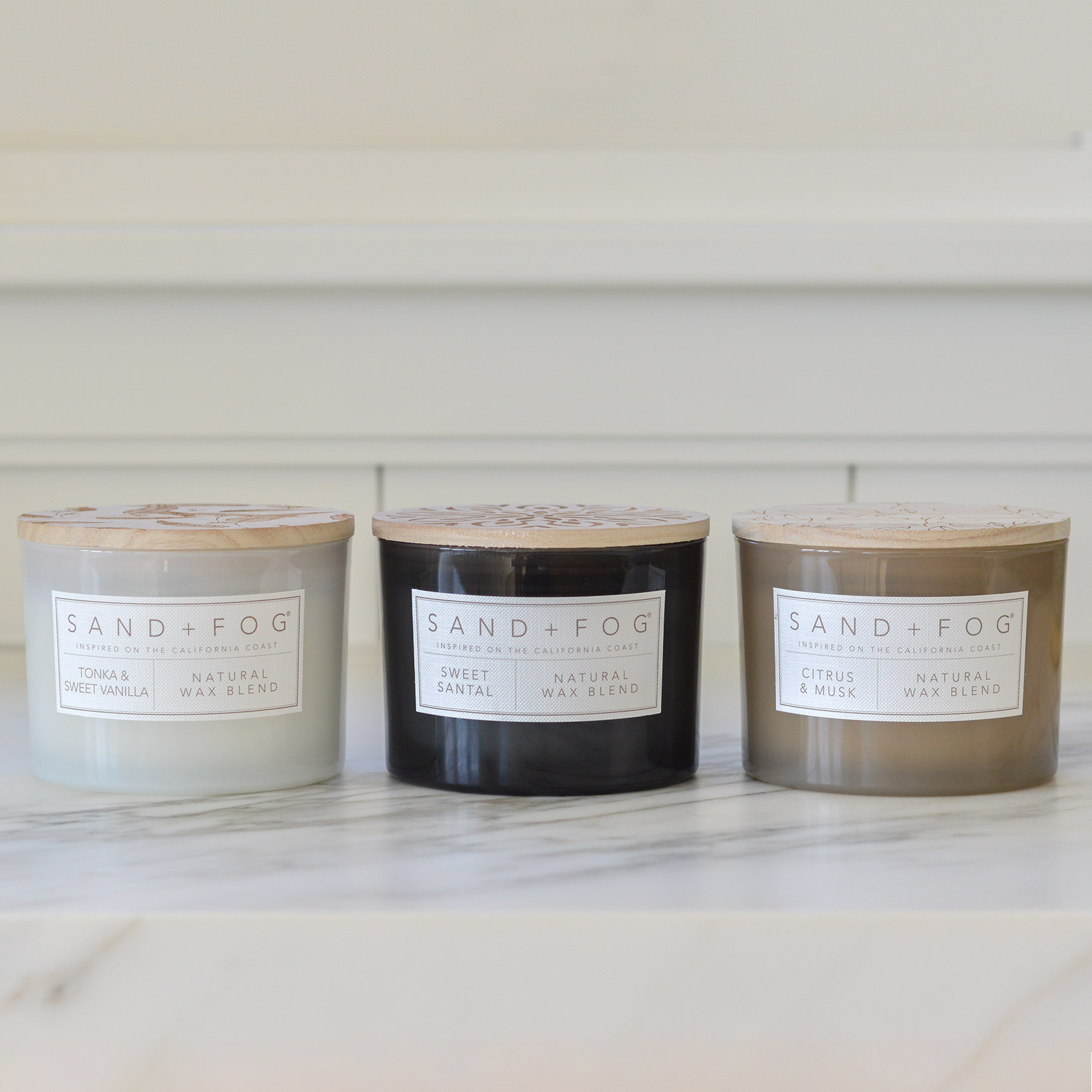 Sand + Fog 12oz Candles with Carved Wood Lids, Set of 3