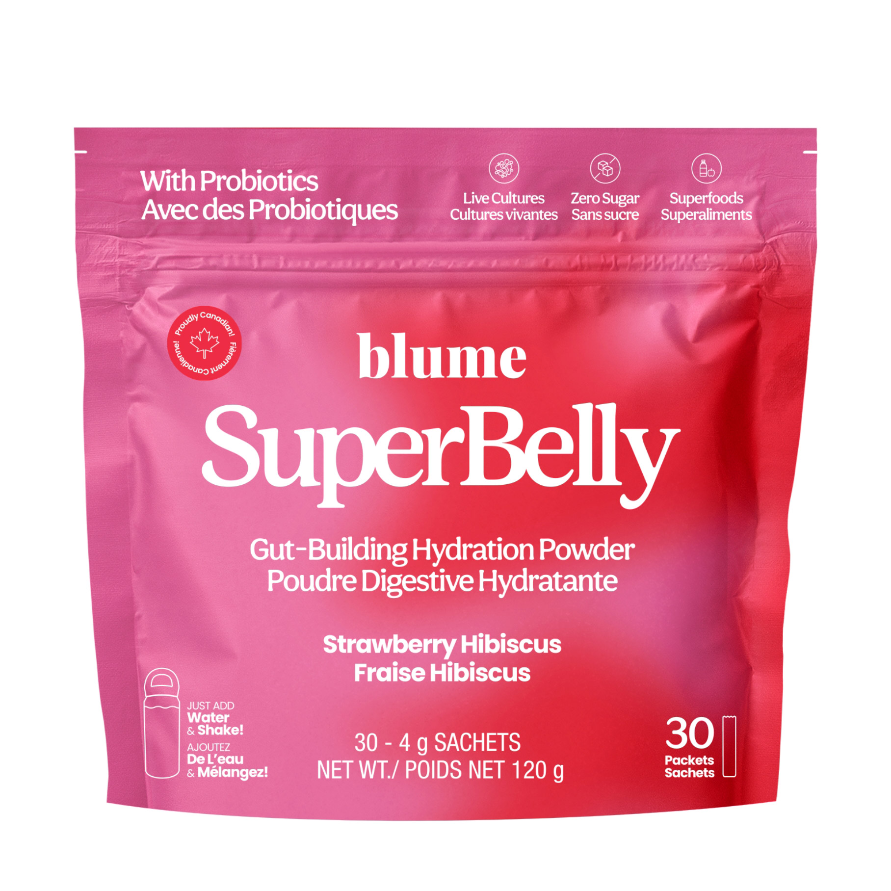 Blume SuperBelly Strawberry Hibiscus Gut Building Hydration Powder, 30 x 4 g