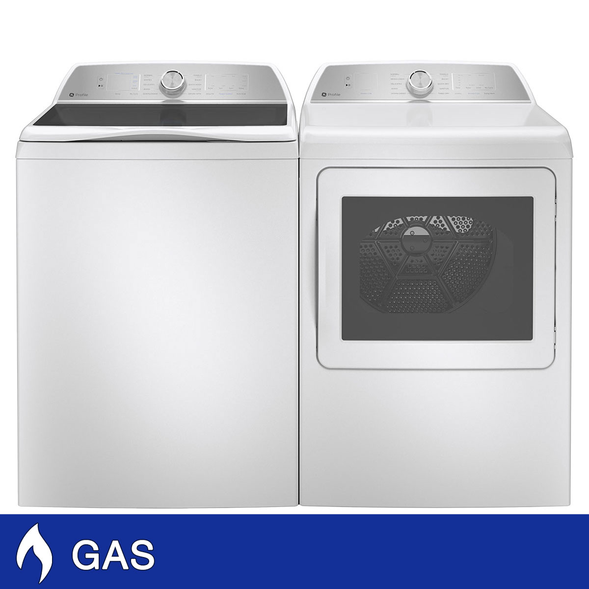 GE Profile 5.0 cu. ft Washer with Smarter Wash Technology and 7.4 cu. ft GAS Dryer Laundry Package with Sanitize Cycle and Sensor Dry