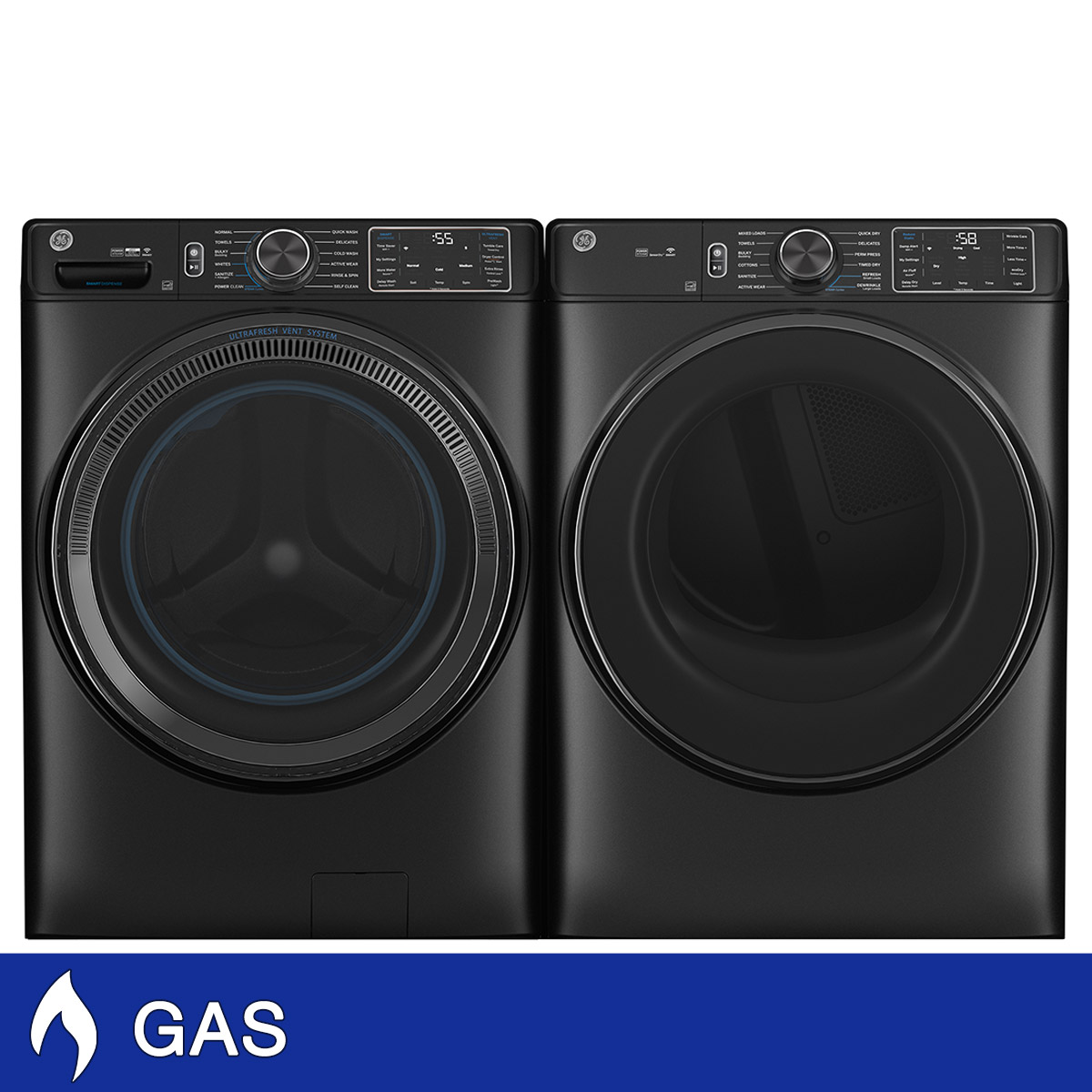 GE 5.0 cu. ft. Front Load Steam Washer with SmartDispense and 7.8 cu. ft. GAS Dryer with Steam and Sanitize Cycle Laundry Package