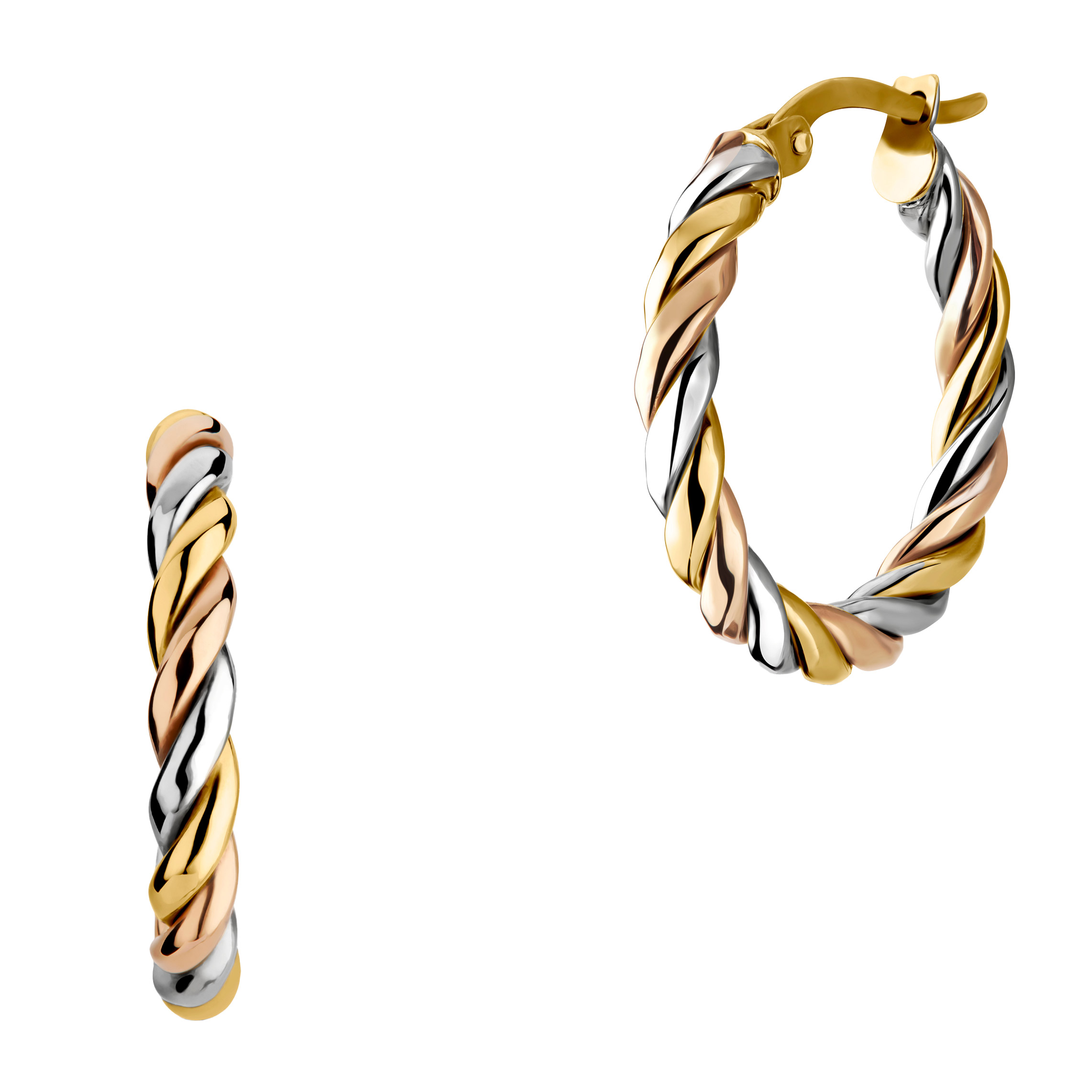 Twisted Hoop Earrings in Three Tone Gold