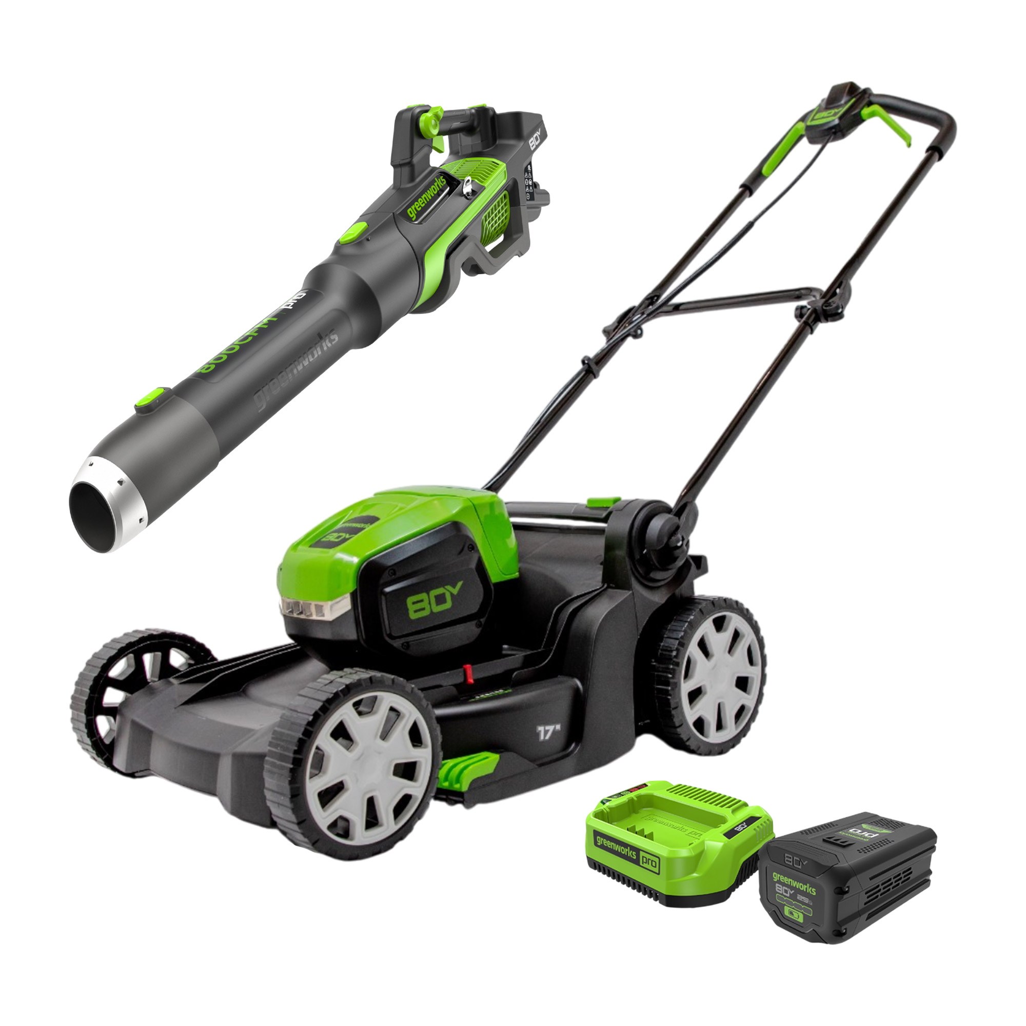 Greenworks 80V 17” Push Mower and 800 CFM 200 MPH Blower, 4Ah