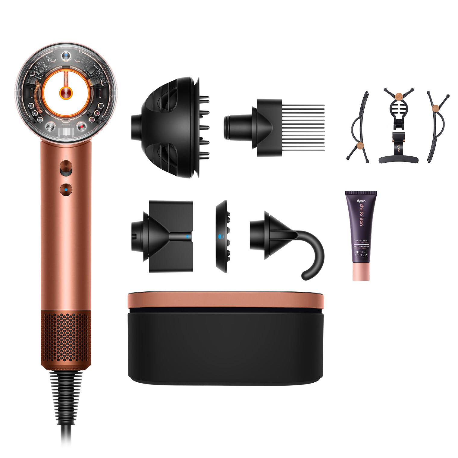 Dyson Supersonic Nural Hair Dryer with Travel Size Chitosan Post Style Serum (30 ml) and Styling Clips