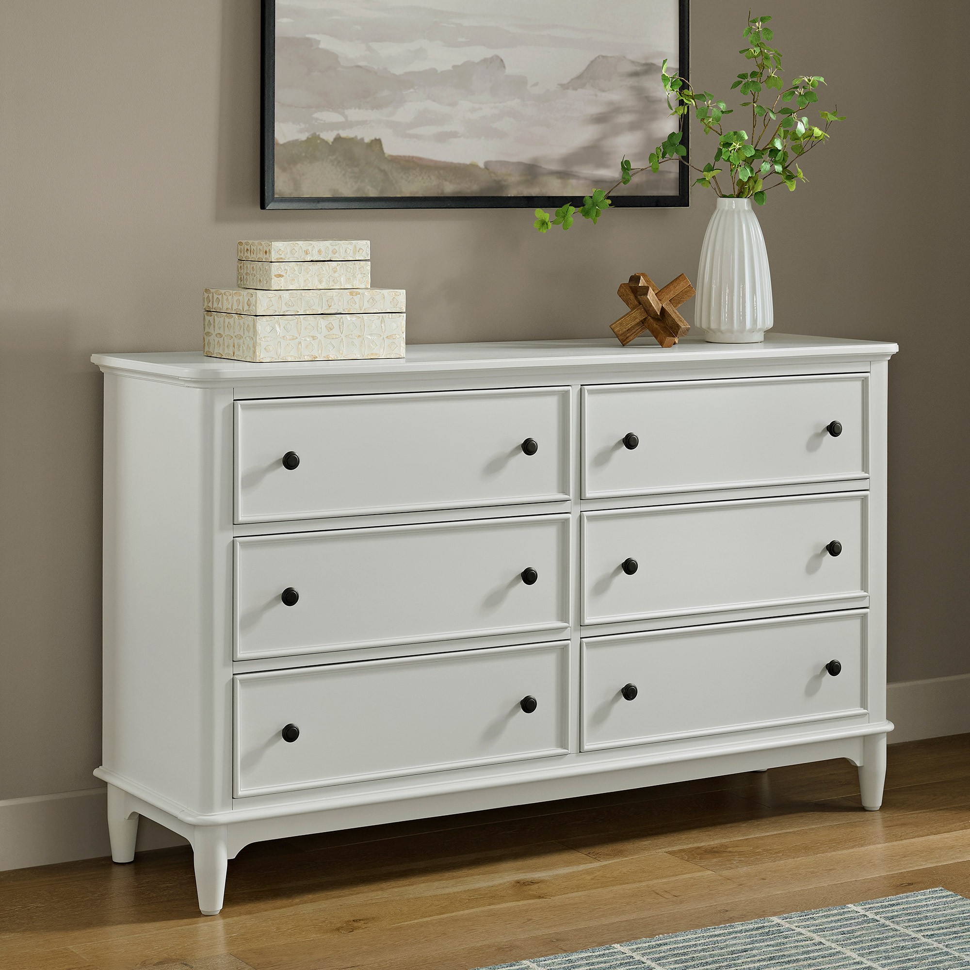 beige tall dresser Transitional Minimalist Six Drawer Dresser in Smooth White Finish With Ring  Pulls – The Well Appointed House