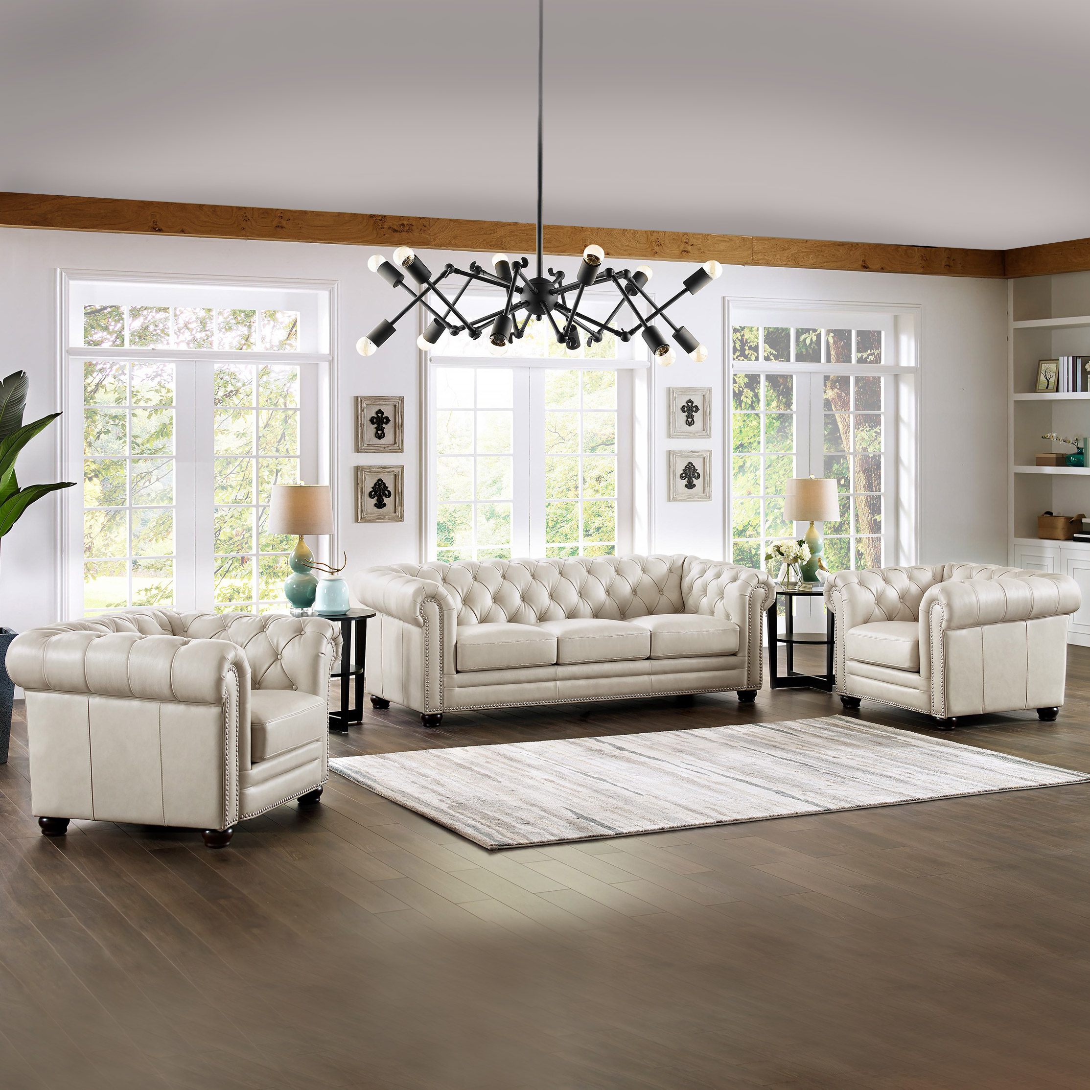 Allington 3-piece Top Grain Leather Chesterfield Living Room Set 
