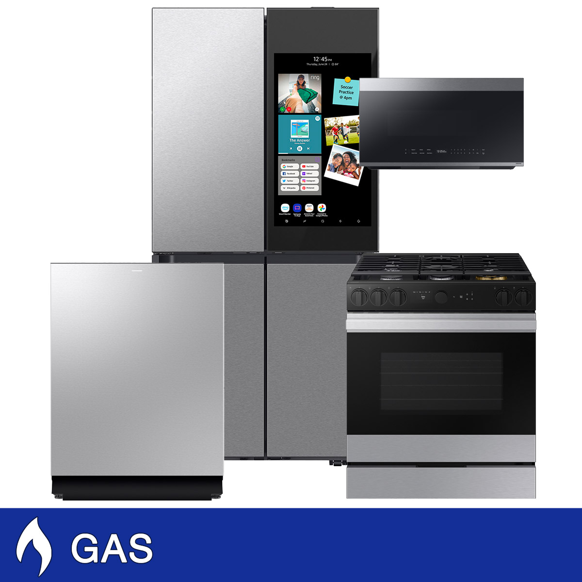 Samsung 4-Piece GAS Kitchen Package with Bespoke 4-Door Flex Refrigerator with AI Family Hub+ and AI Vision