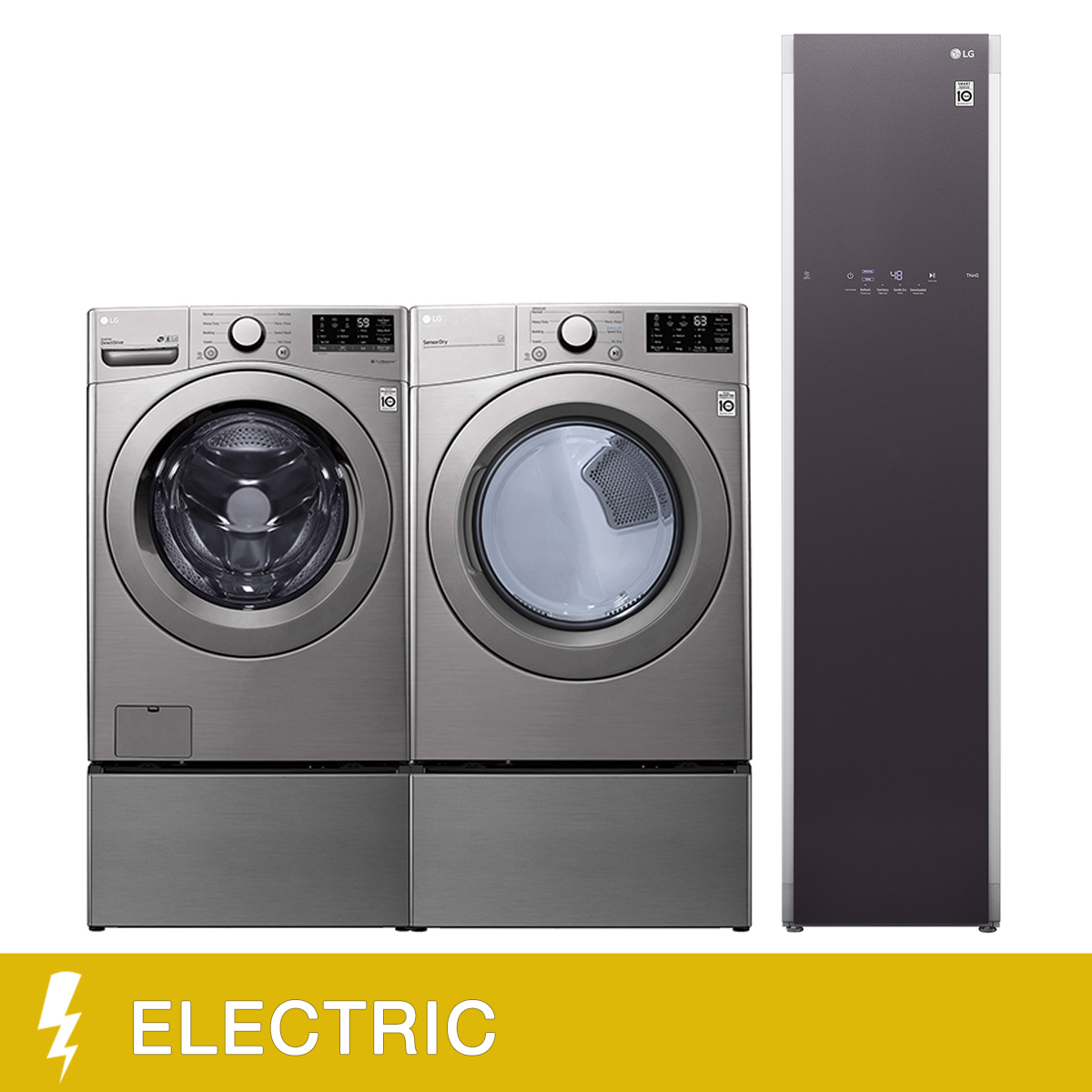 LG Laundry Bundle 5.2 cu ft. Front Load Washer and 7.4 cu ft. Electric Dryer with Storage Pedestal and Styler Steam Closet