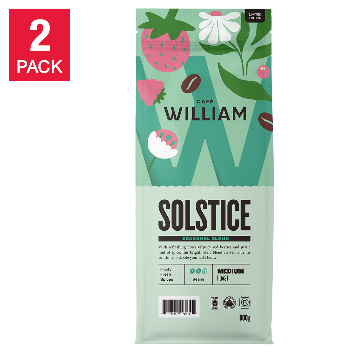 Café William Solstice Organic Spring Blend Medium Roast Coffee, 2 × 800 g