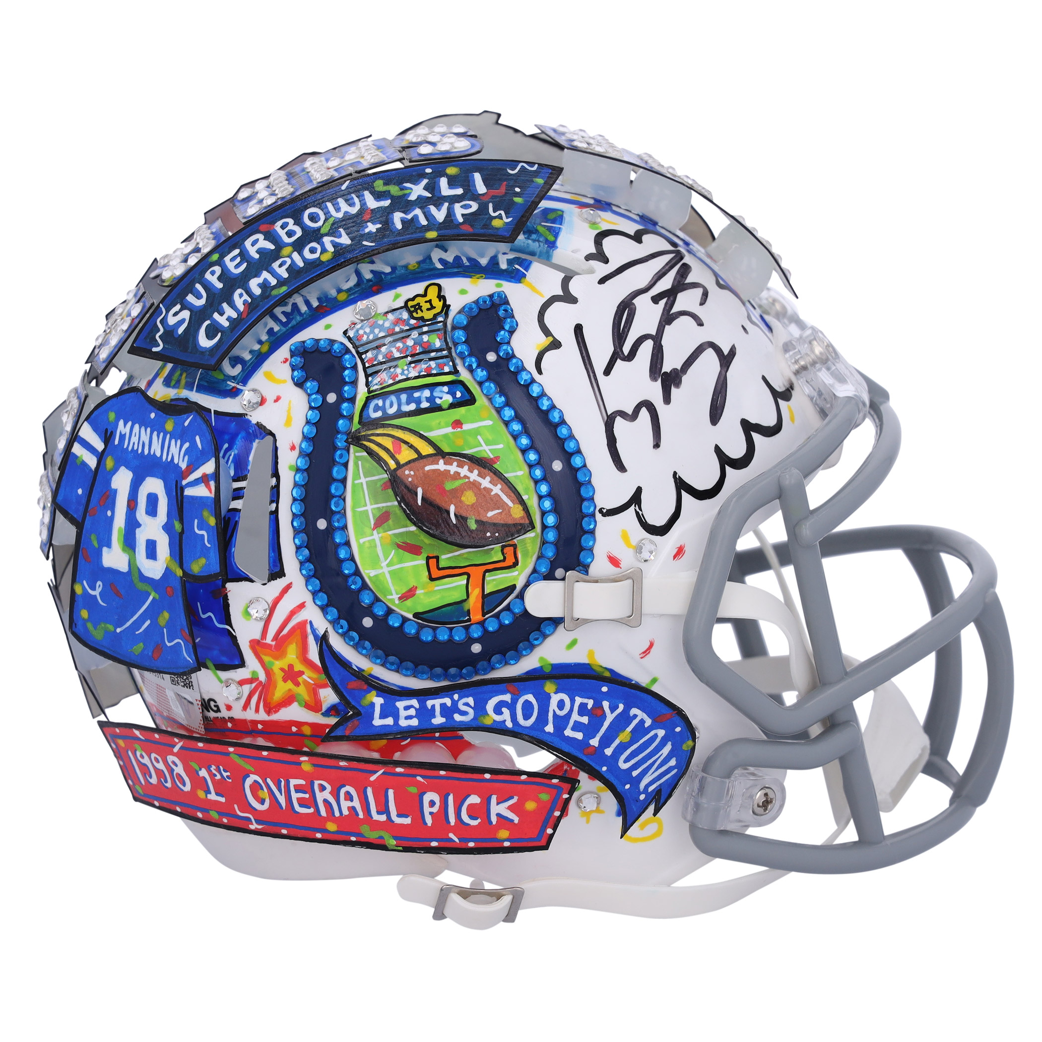 Peyton Manning Indianapolis Colts Autographed Throwback Speed Mini Helmet - Art by Charles Fazzino